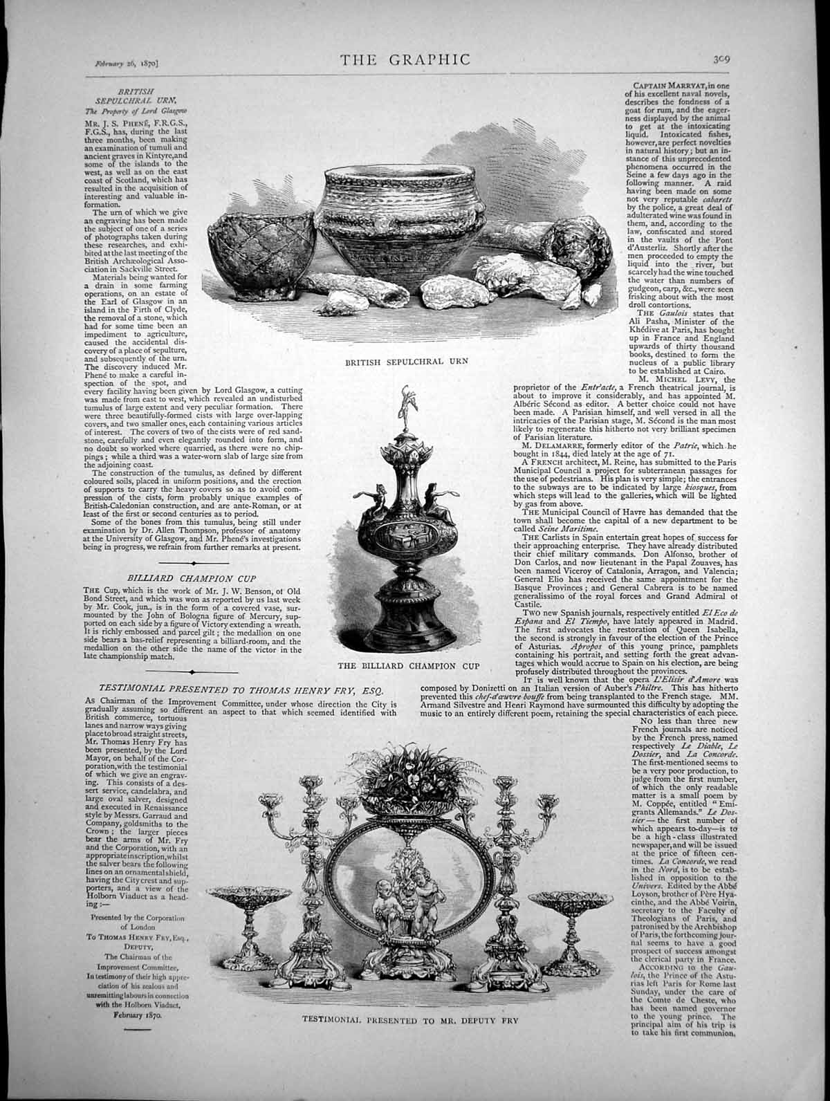 Old Print British Sepulchral Urn Billiard Champion Cup Mr Deputy Fry 1870 19th