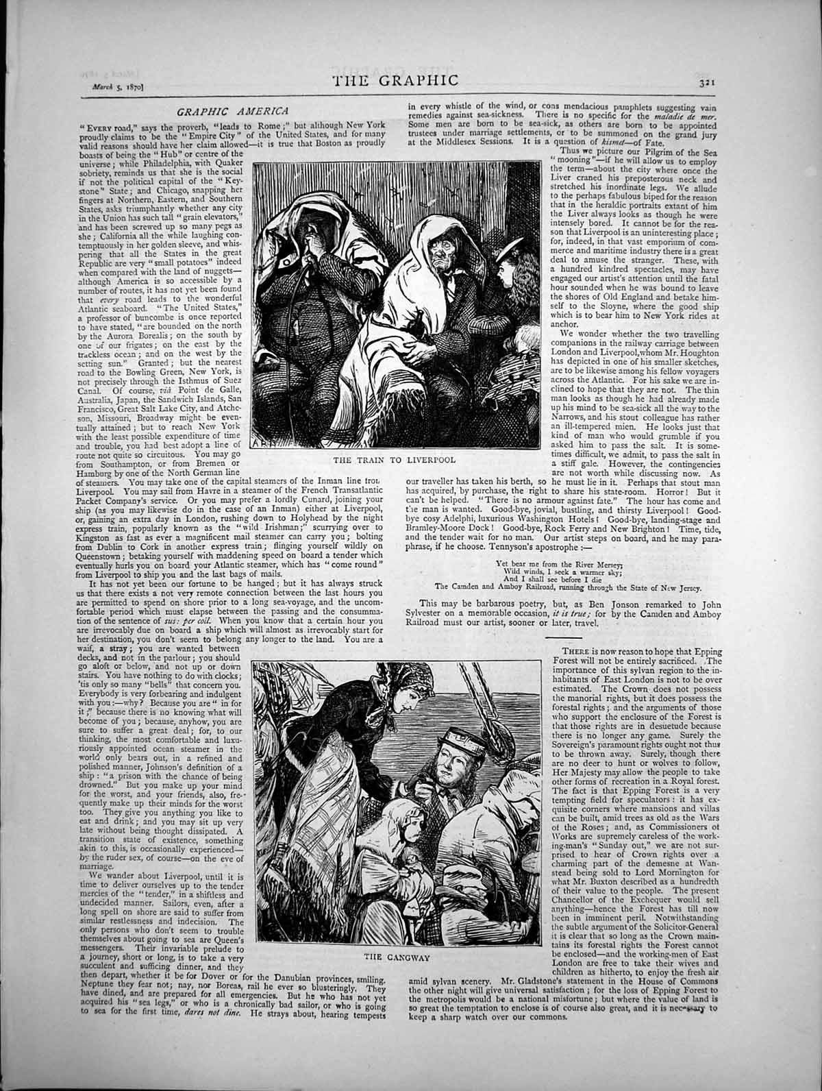 Antique Old Print The Train To America And The Gangway Sketches Poverty 1870
