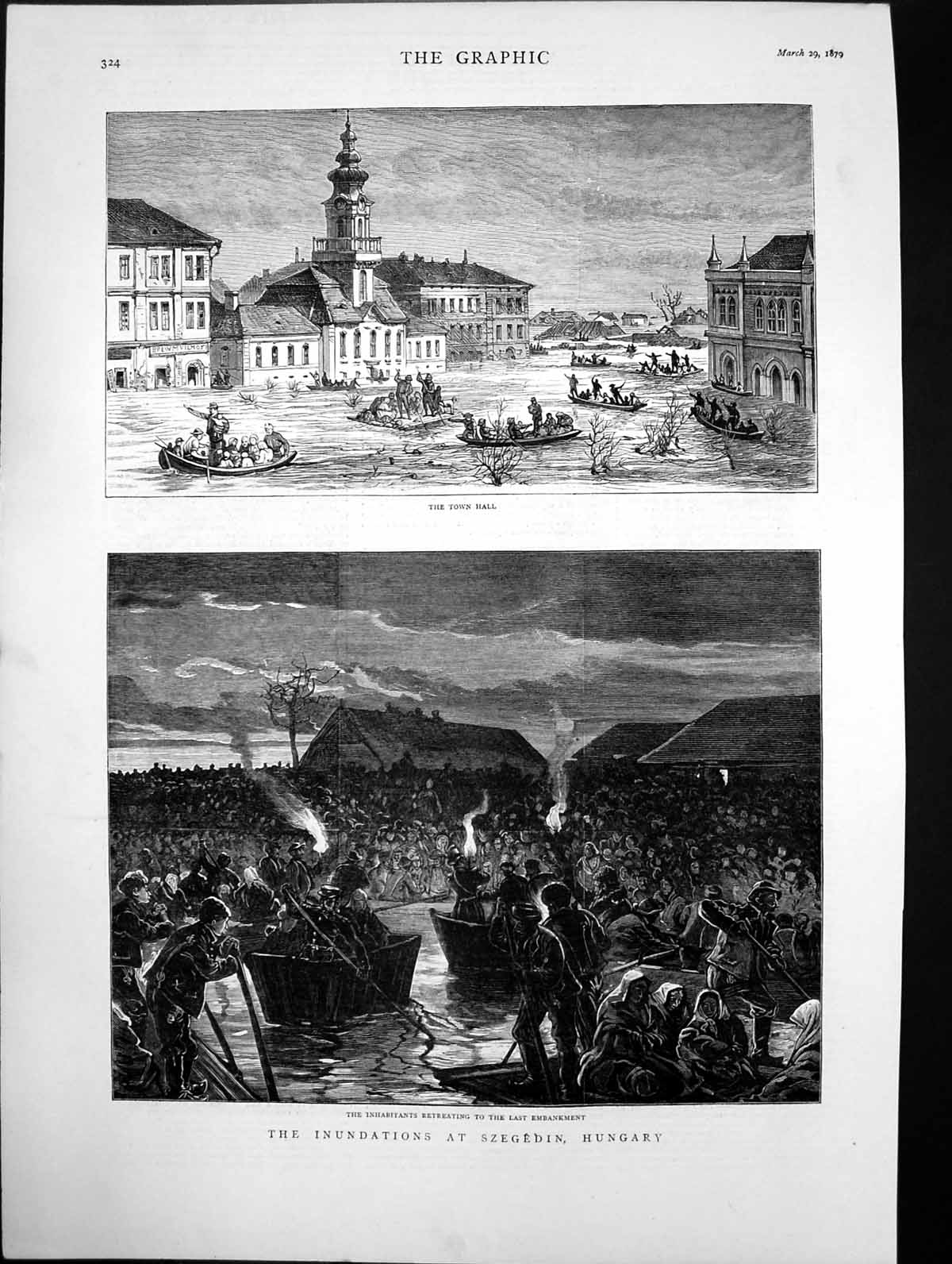 Antique Old Print The Inundations At Szegedin Hungary Last Embankment 1879 19th