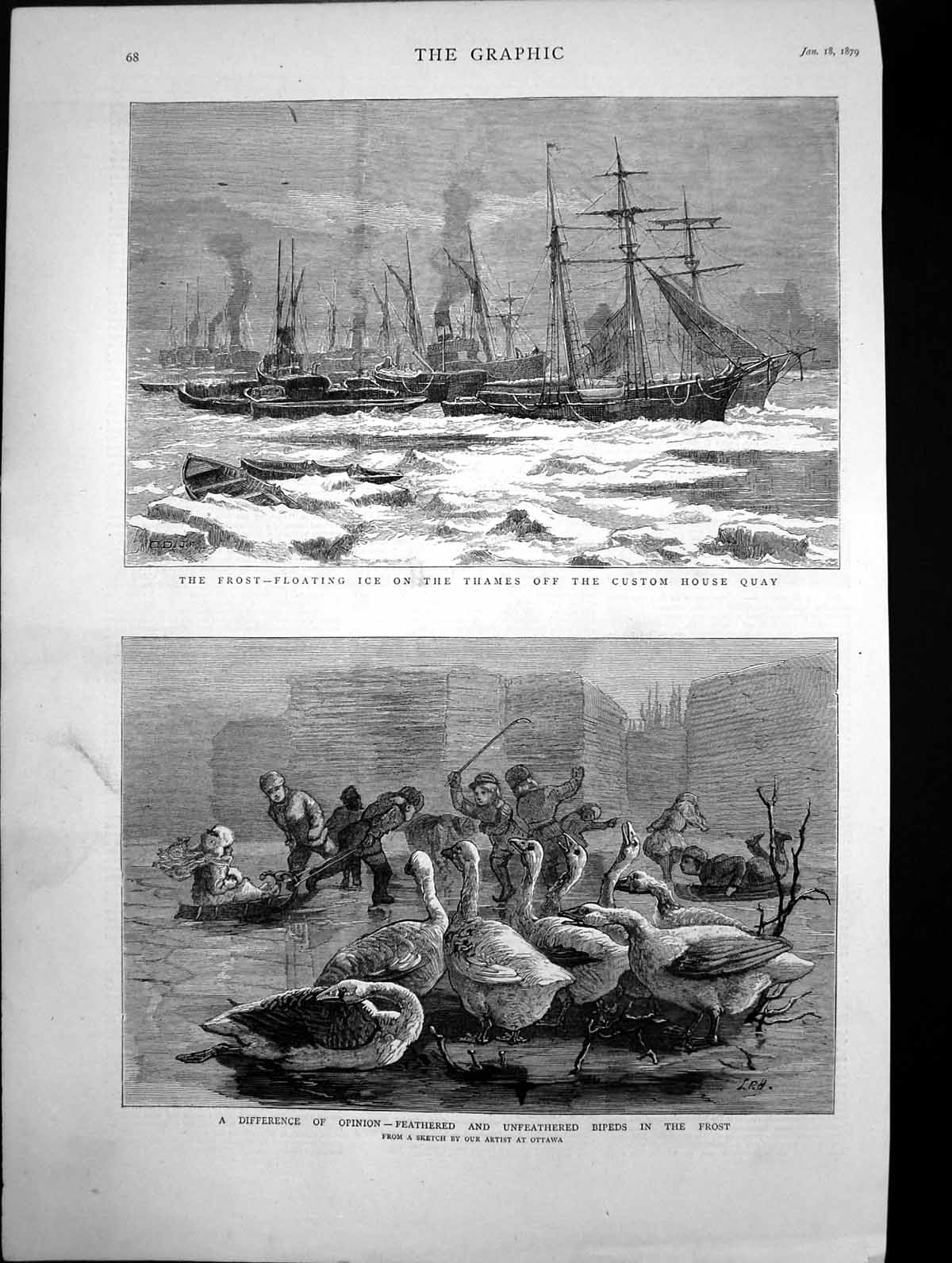 Antique Old Print Frost-Floating Ice On Thames Custom House Quay Bipeds 1879