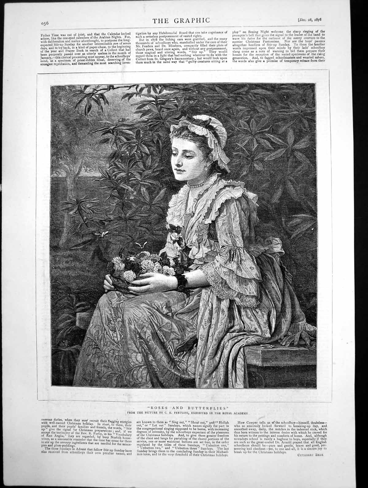 Antique Print Roses And Butterflies Sketch From Picture By Ce Perugini 1878
