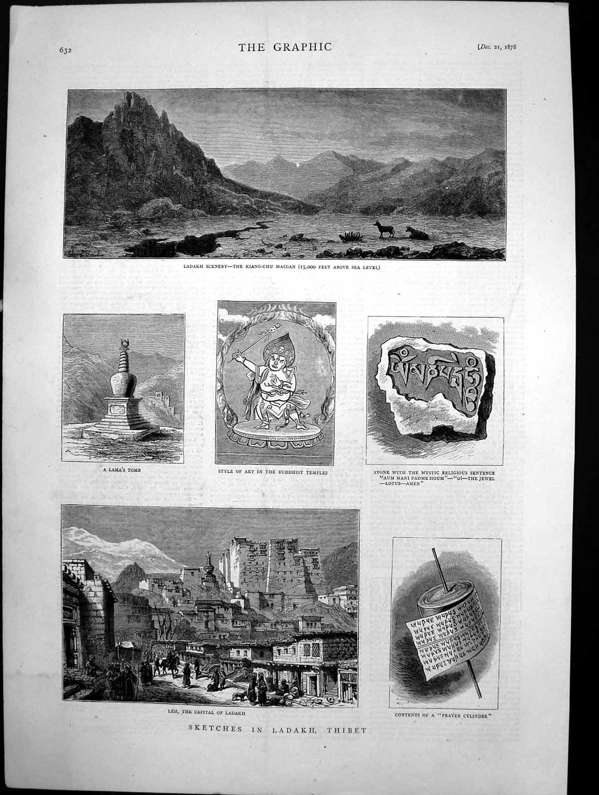 Old Sketches In Ladakh Thibet Scenery Lama'S Tomb Art Buddhists 1878 Victorian
