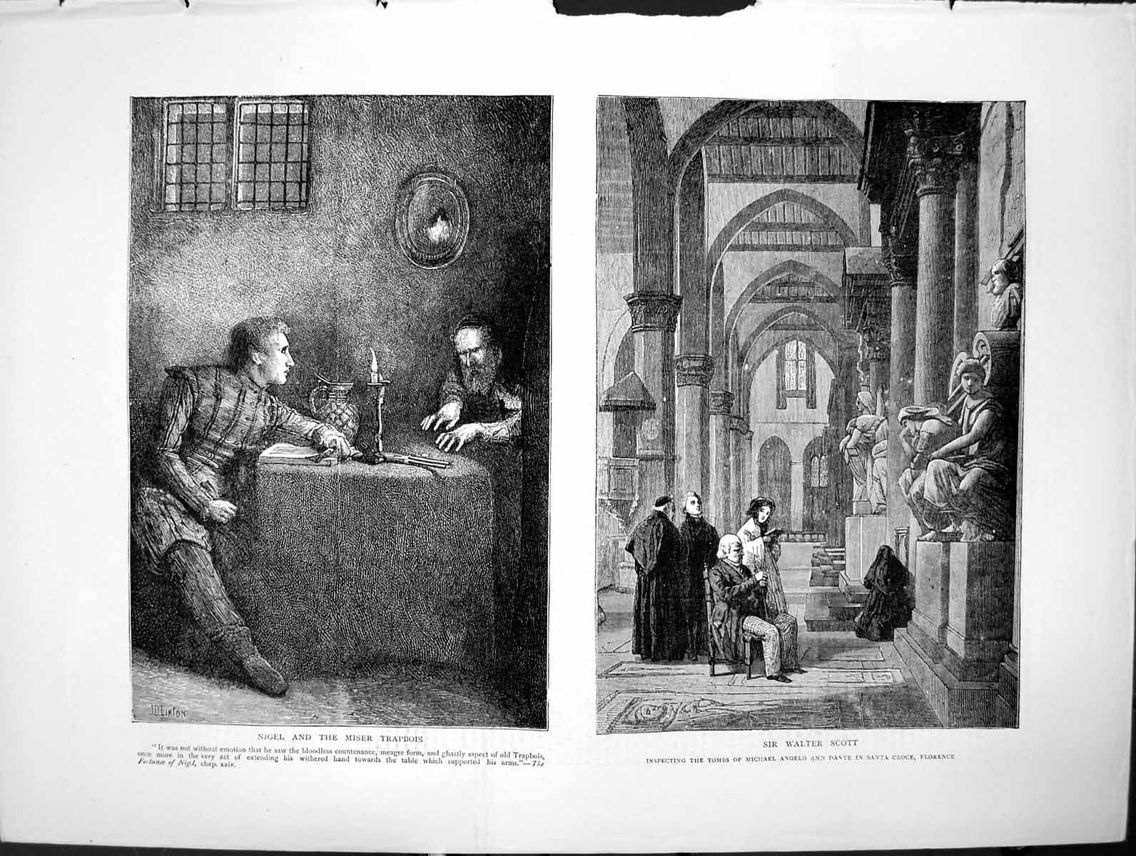 Antique Old Print Sketches Nigel And The Miser Trapbois Sir Walter Scott 1871