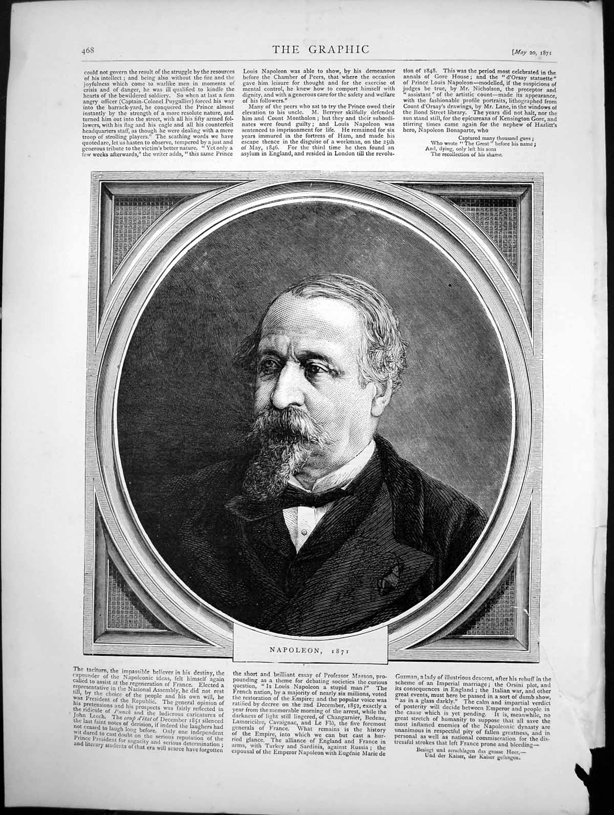 Original Old Antique Print Napoleon Bonaparte Portrait 1871 19th