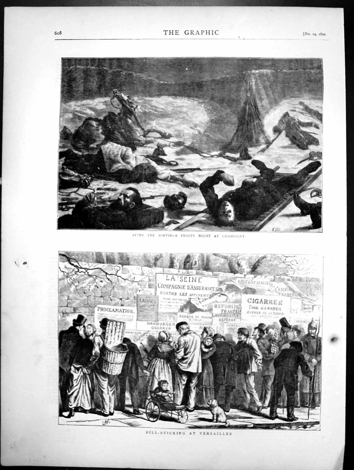 Antique Print After Sortie Frost Champigny Bill-Sticking At Versailles 1870