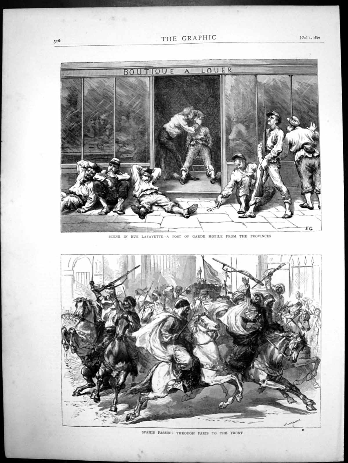 Antique Print Scene In Rue Lafayette Garde Mobile Spahis Passin Paris 1870 19th
