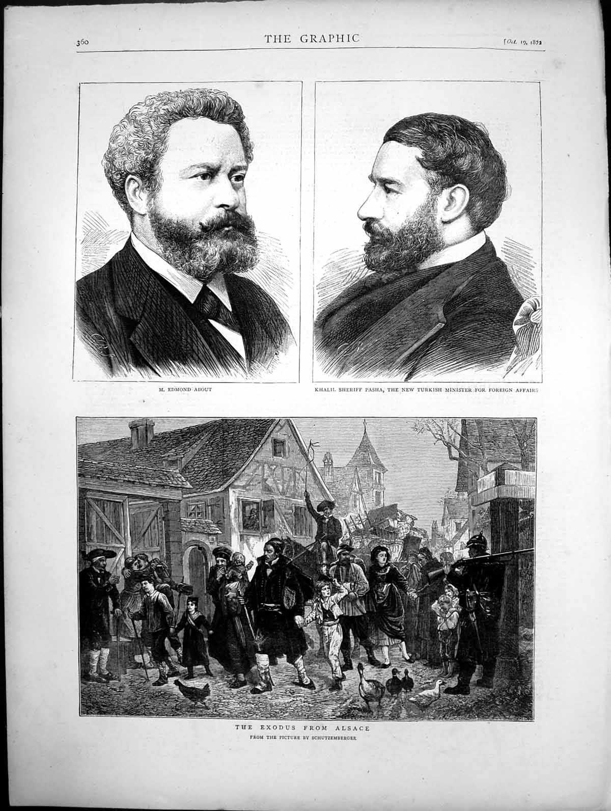 Old Print The Exodus From Alsace Portrait Edmond About Khalil Pasha 1872 19th