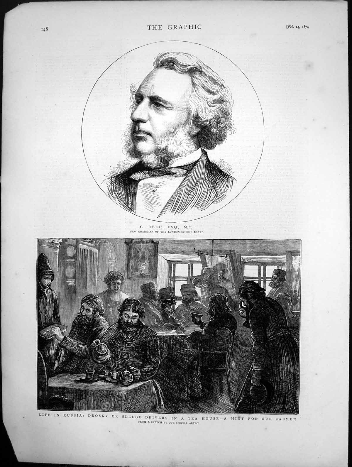 Old Print Portrait C Reed Mp Life In Russia Drosky Drivers Tea-House 1874 19th