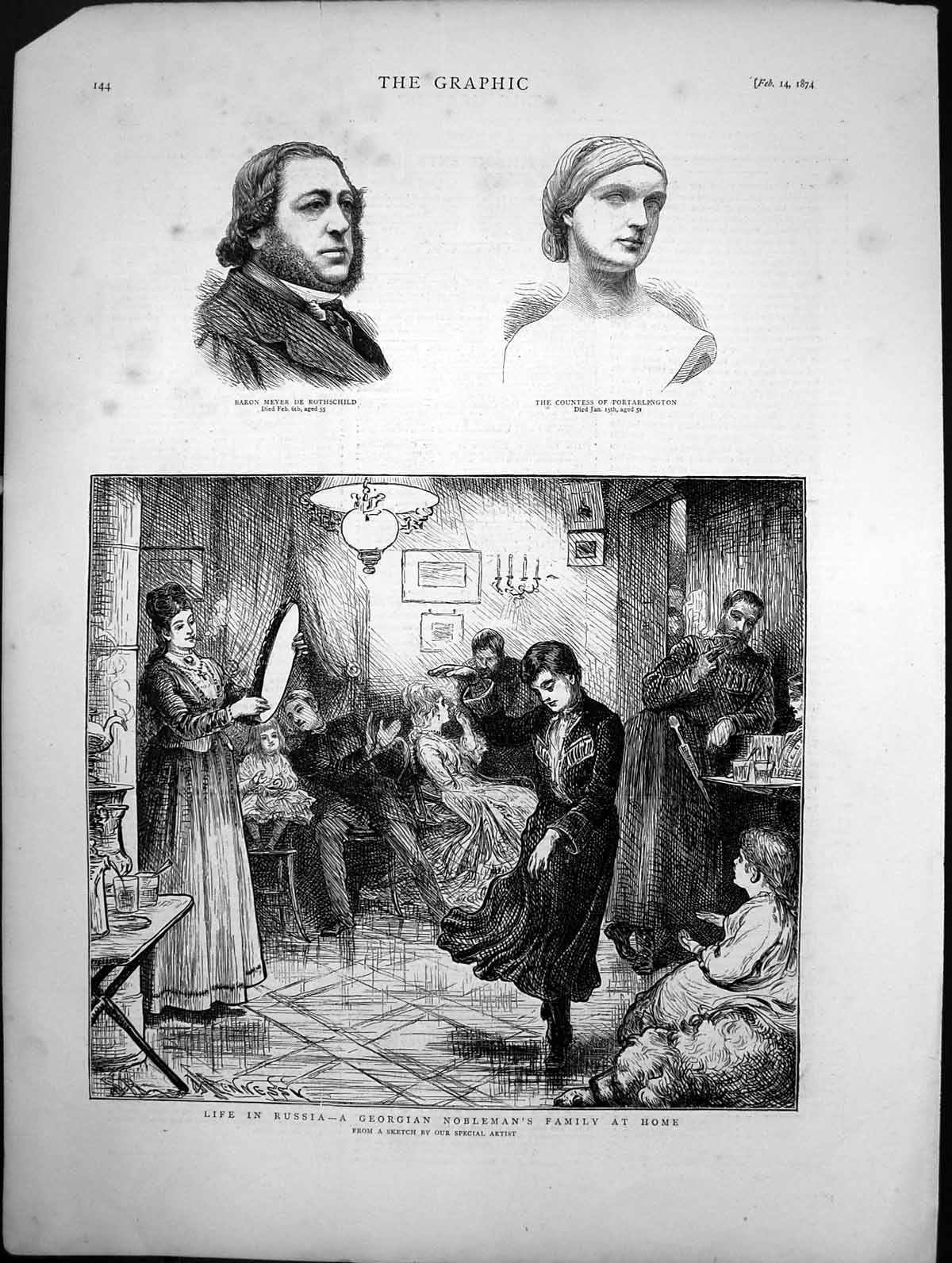 Old Print Life In Russia A Georgian Noblemans Family At Home Sketch 1874 19th