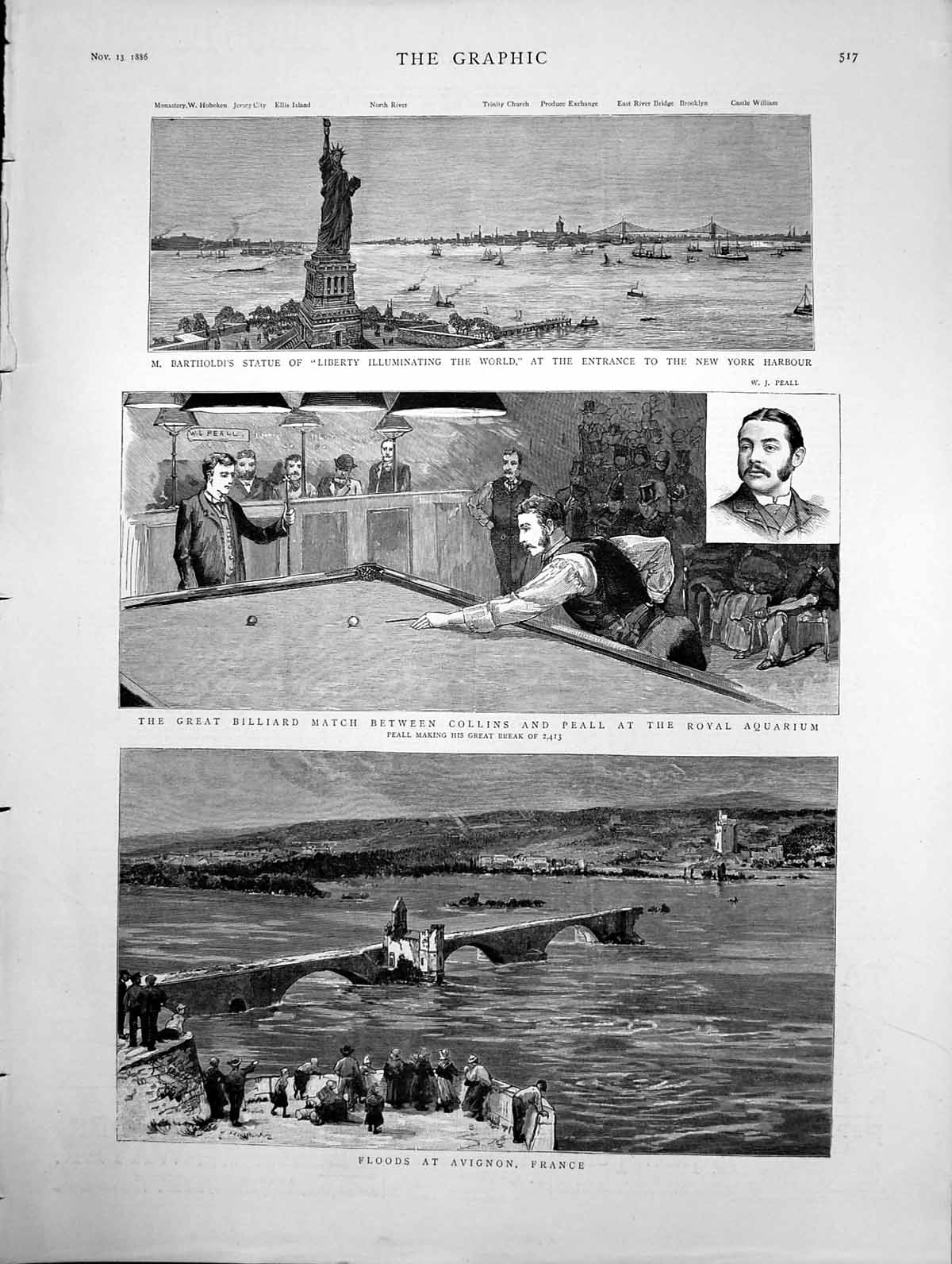 Old Print Flood Avignon France Statue Liberty Billiard Match London 1886 19th