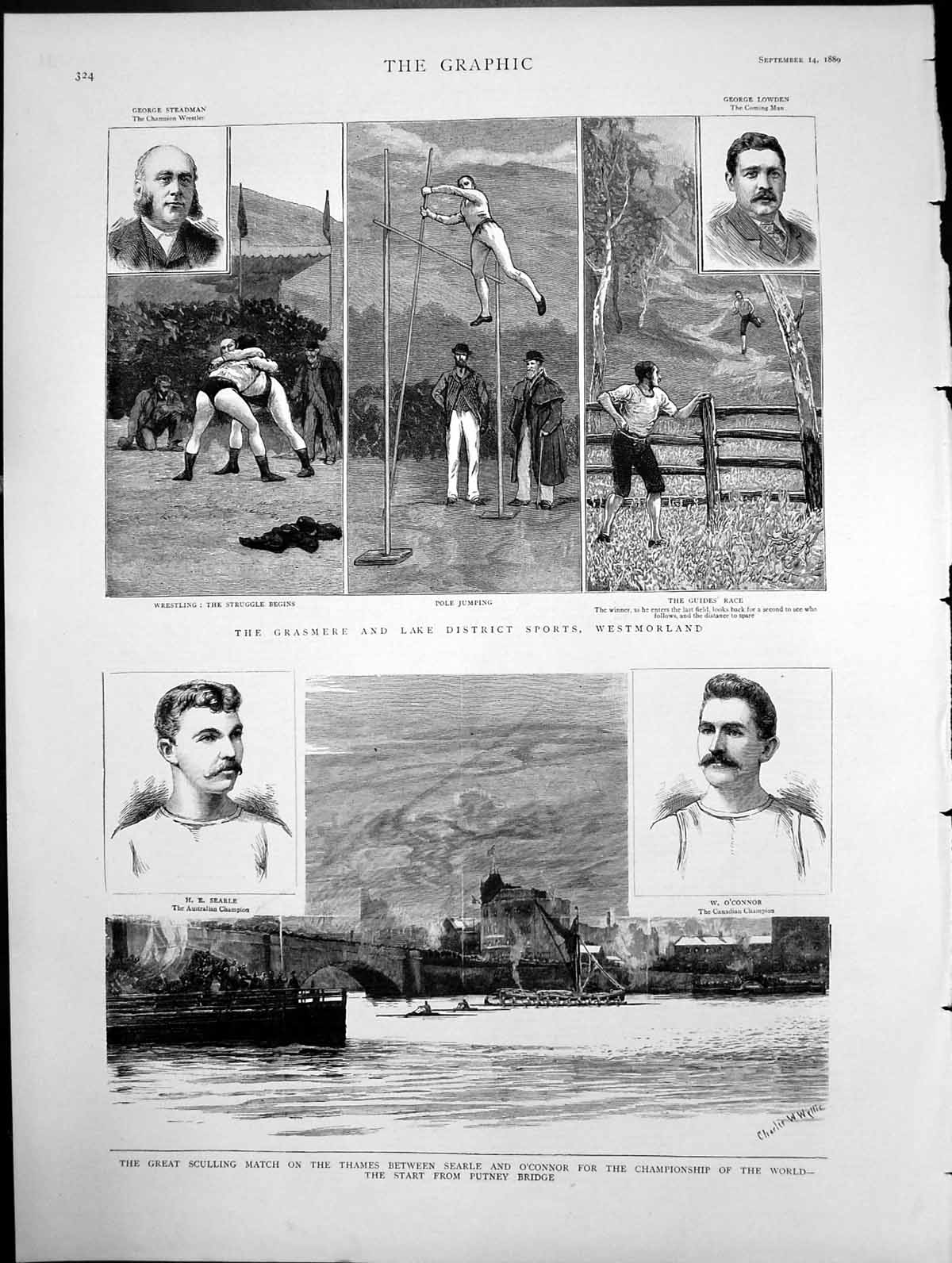Antique Print Sculling Match Thames Searle & O'Connor Grasmere Sports 1889 19th