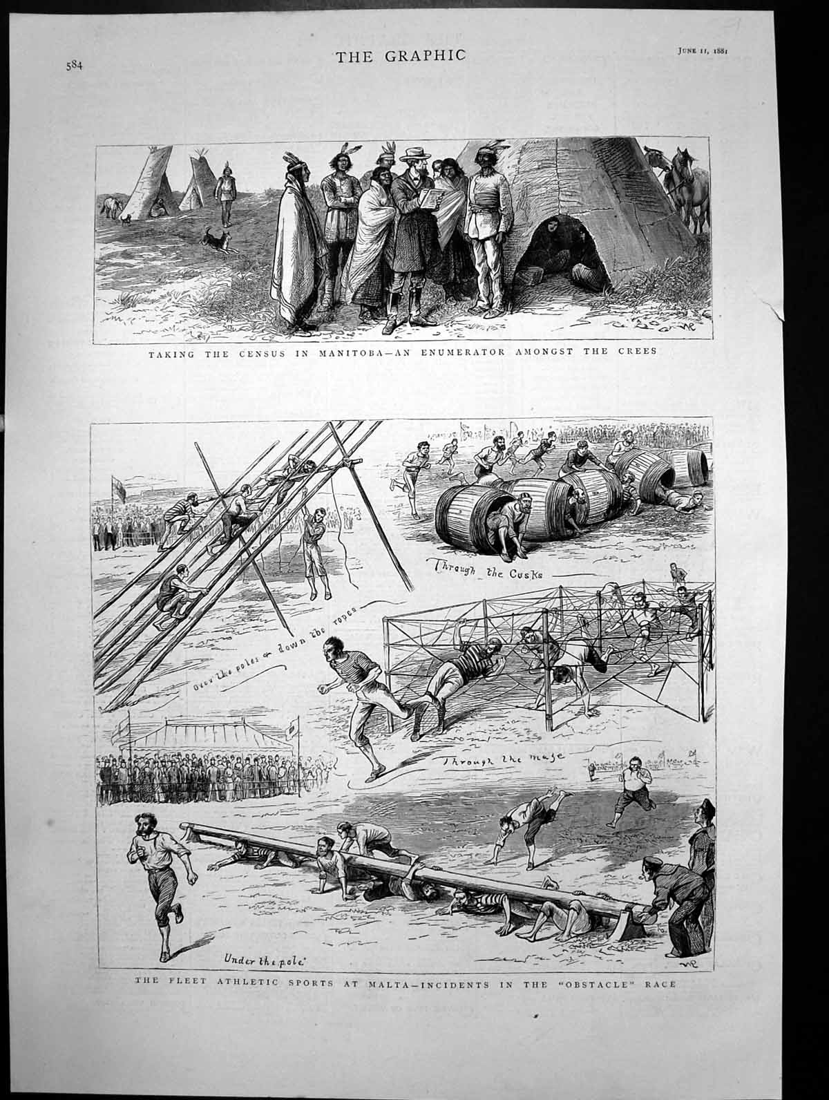 Antique Print Taking Census Manitoba Fleet Athletic Sports Malta Races 1881