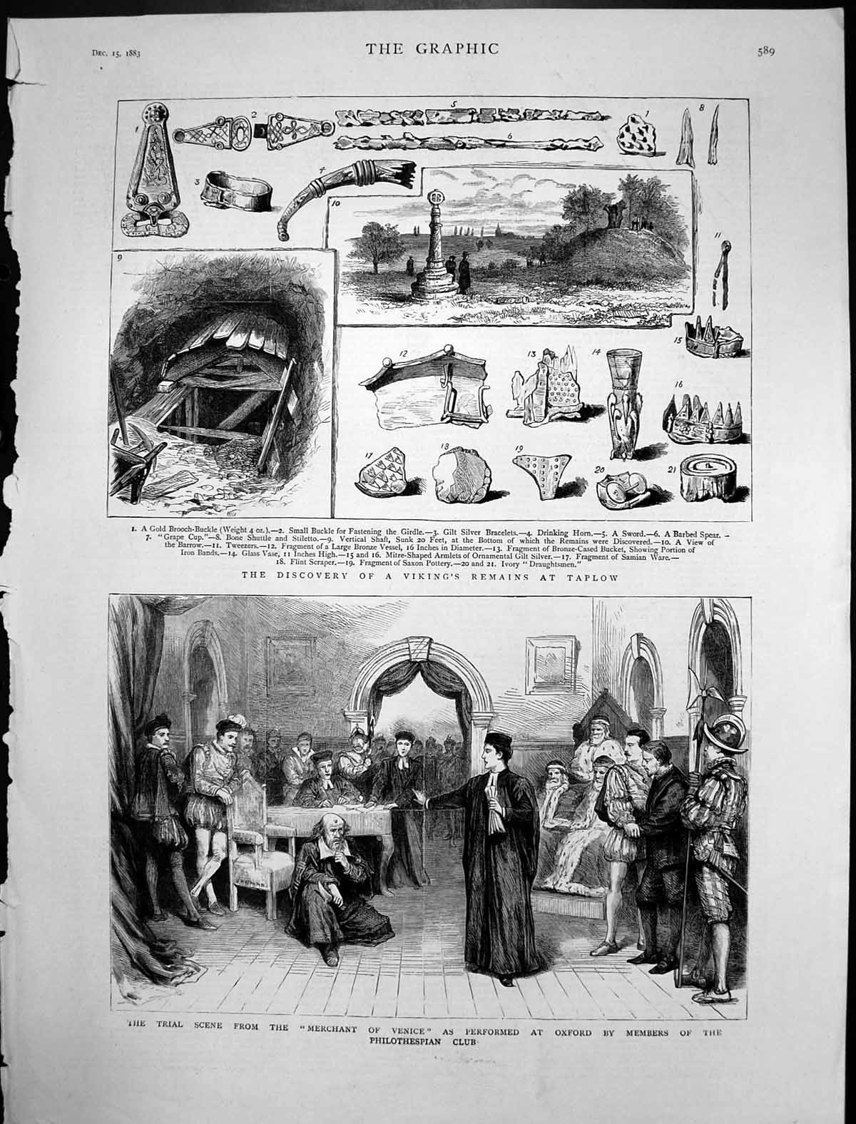 Original Old Antique Print Viking Remains Taplow Merchant Venice Oxford 1883