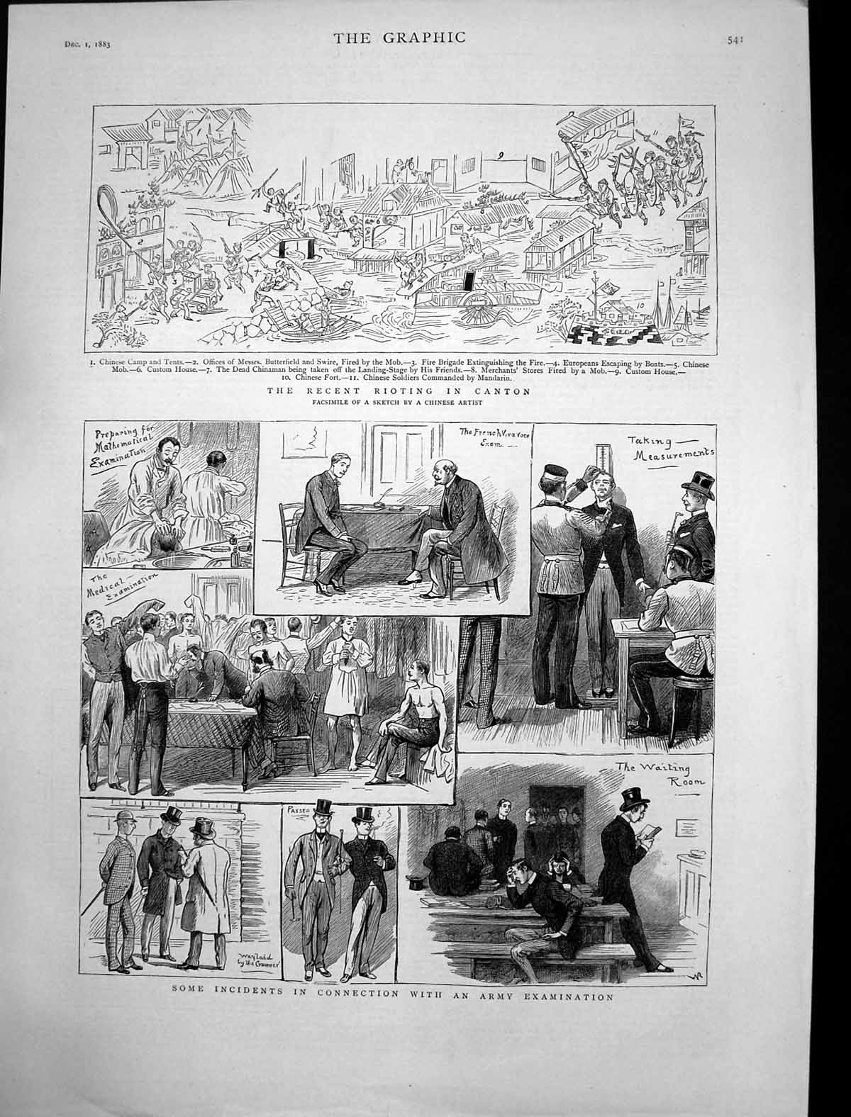 Antique Old Print Rioting Canton Incidents Connection Army Examination 1883