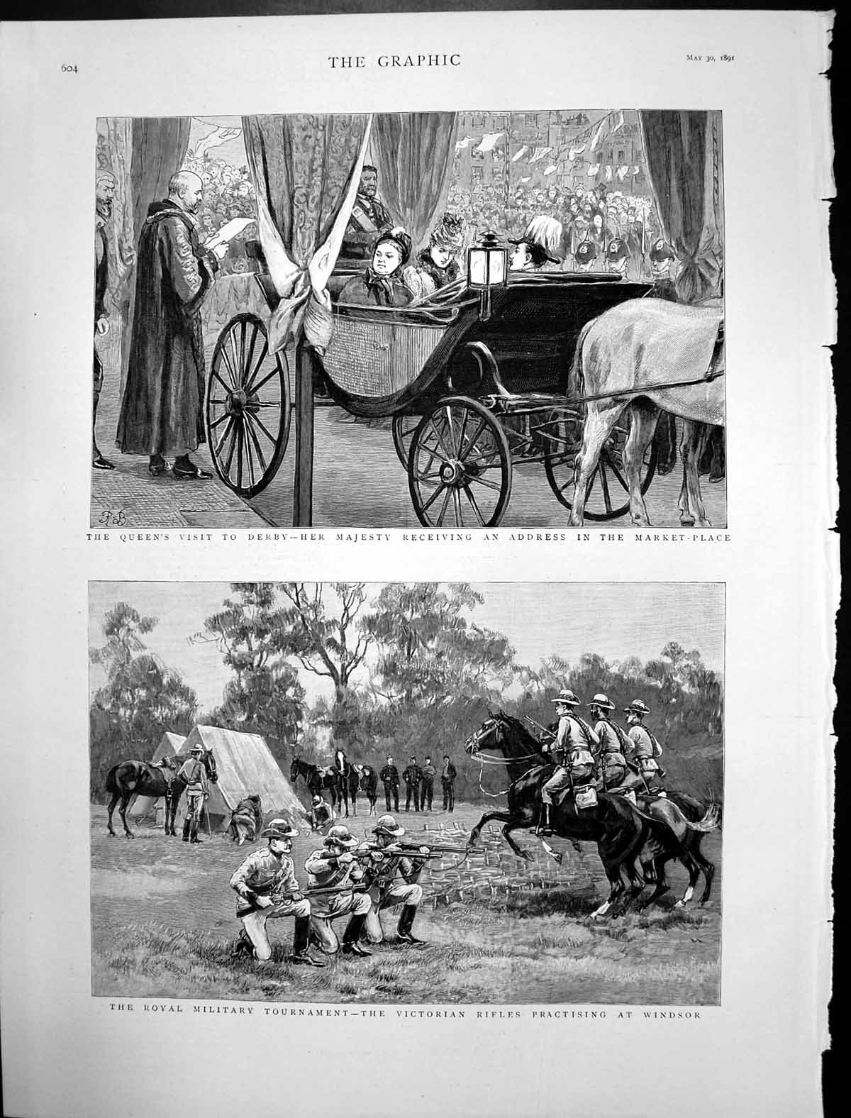 Original Old Antique Print Rifles Practising Windsor Queens Visit Derby 1891