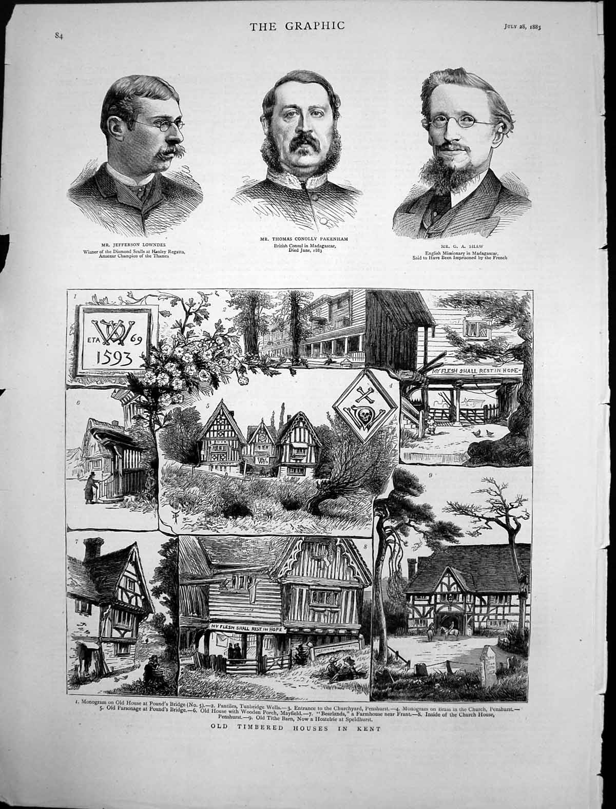 Original Old Antique Print Timbered Houses Kent Jefferson Lowndes Ga Shaw 1883