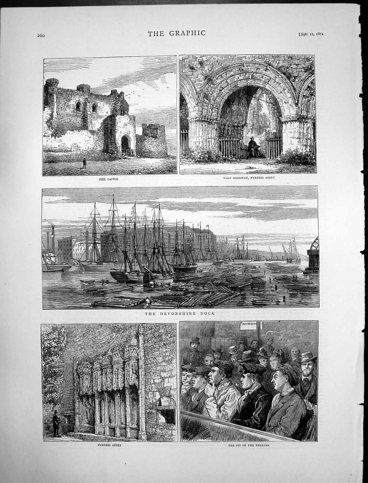 Antique Old Print Devonshire Dock Furness Abbey Piel Castle Pit Theatre 1874