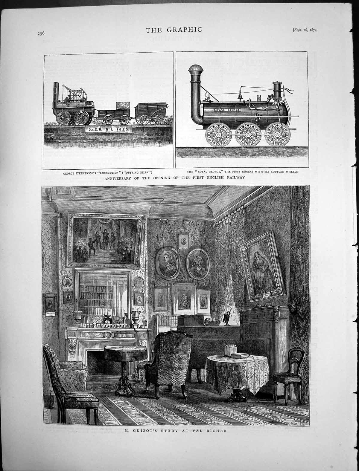 Old Antique Print M Guizots Study Val Richer Royal George Locomotive 1874 19th