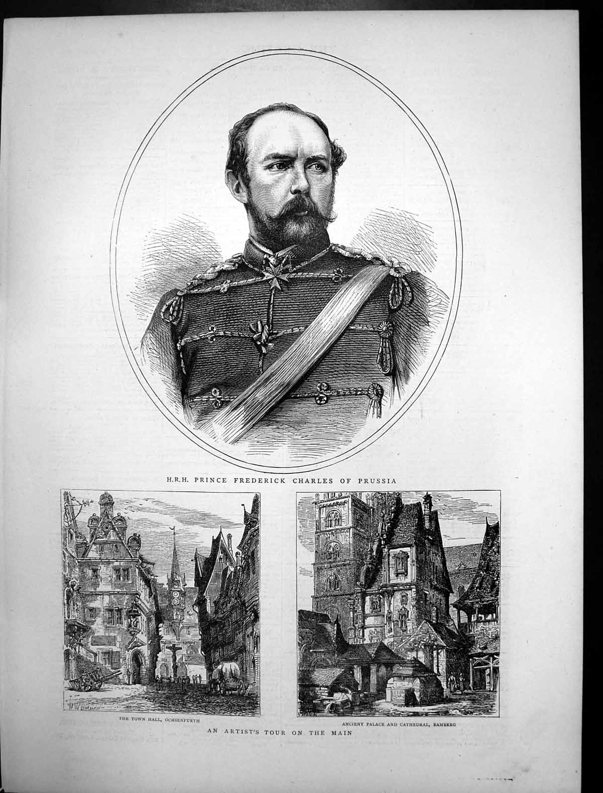 Antique Print Bamberg Ochsenfurth Main Prince Frederick Charlesprussia1870 19th