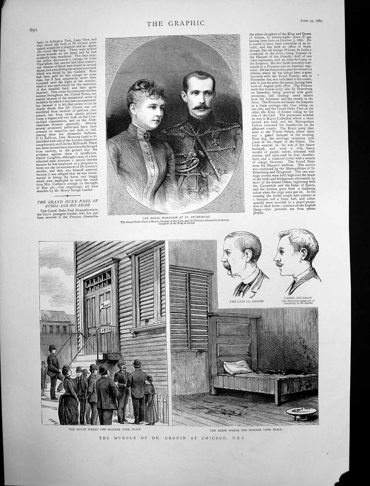 Antique Old Print Royal Marriage St Petersburg Murder Dr Cronin Chicago 1889