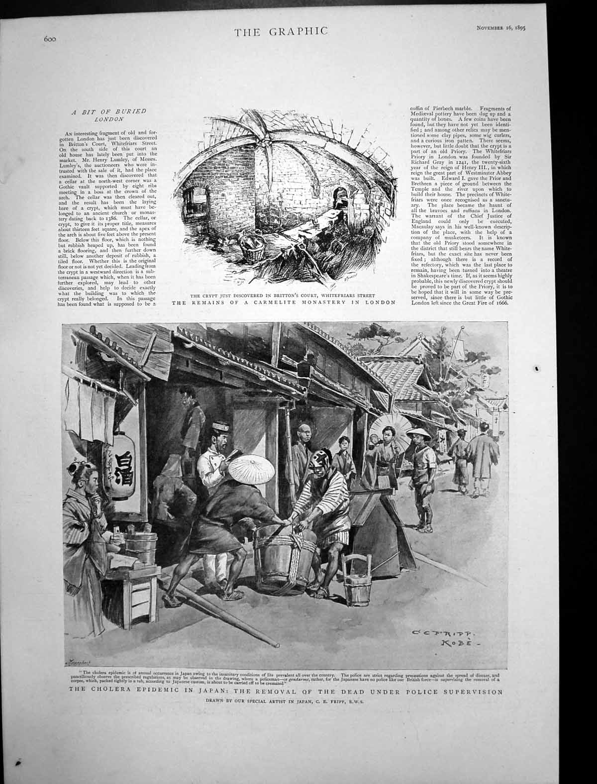 Antique Old Print Remains Carrmelite Monastery Cholera Epidemic Japan 1895 19th