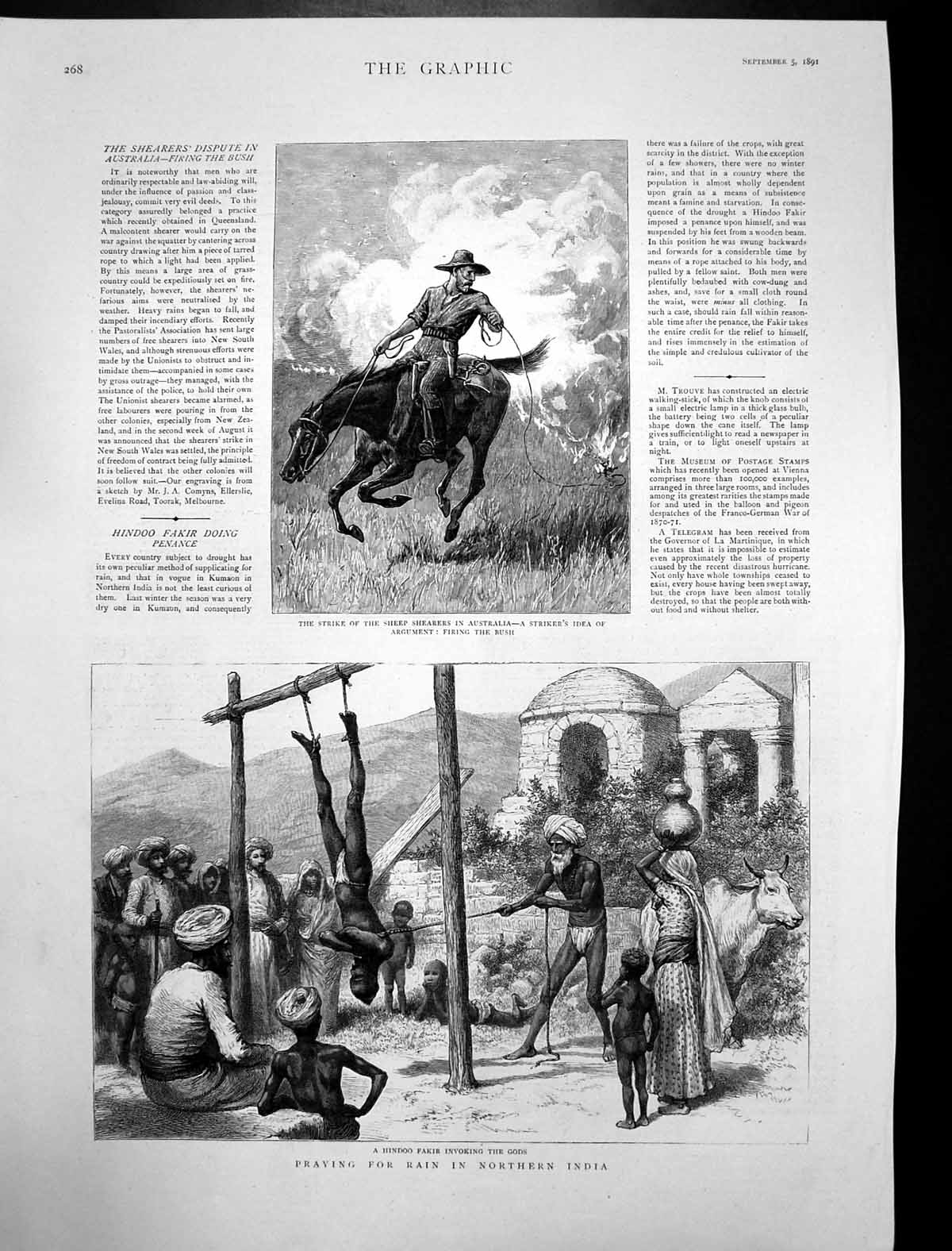 Old Antique Print Strike Sheepshearers Australia Praying Rain India 1891 19th