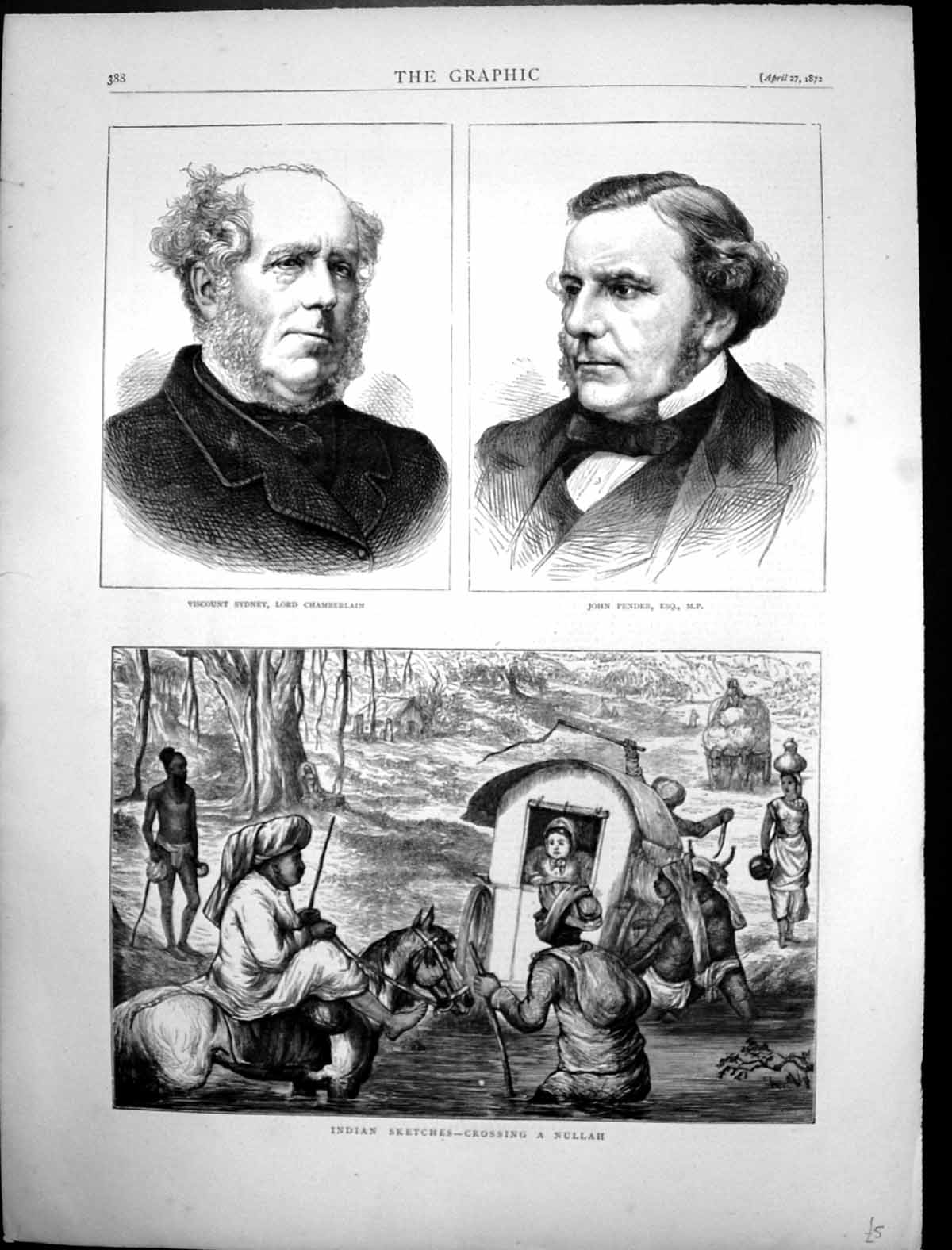 Antique Old Print Crossing Nullah India Viscount Sydney Lord Chamberlain 1872