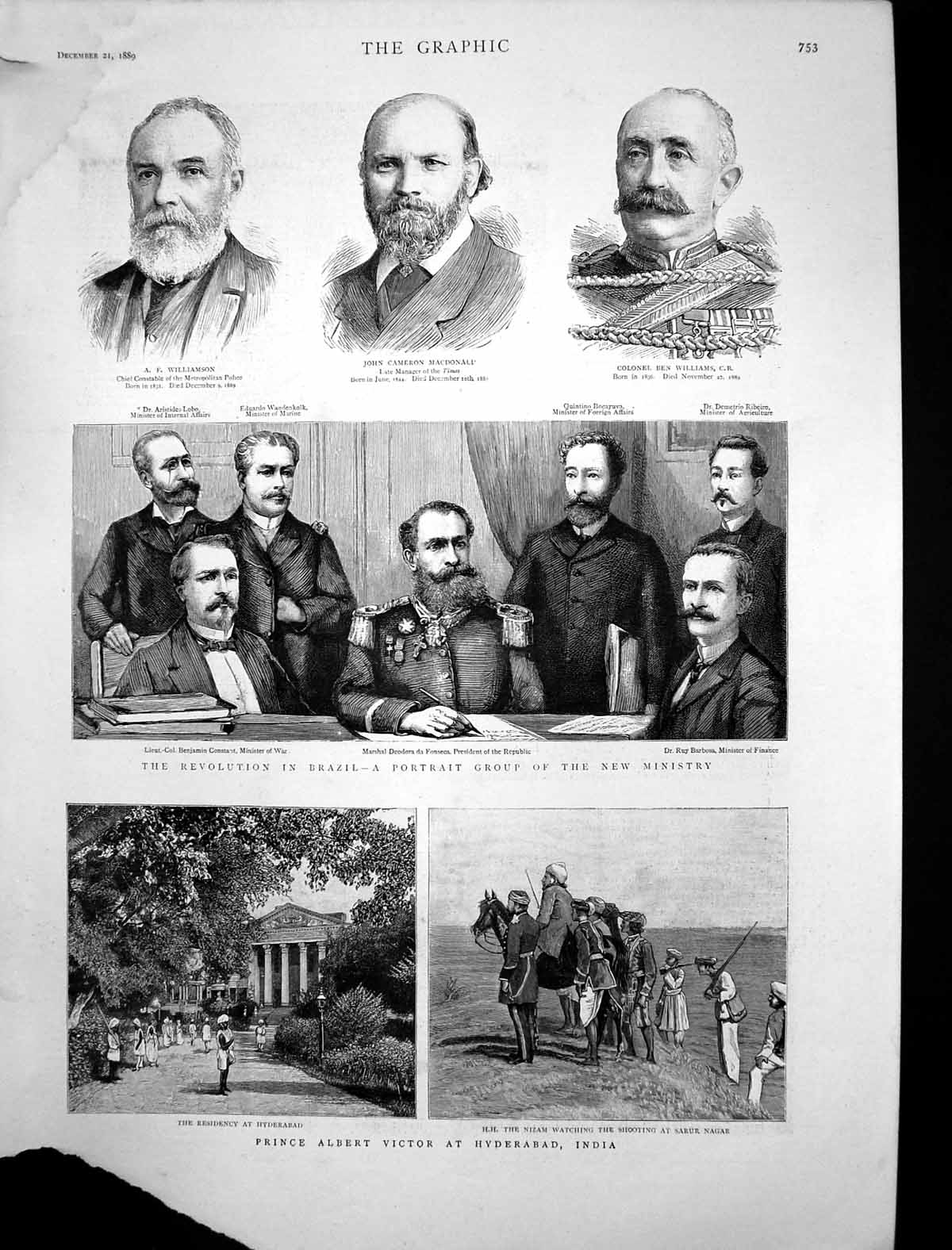 Old Antique Print Ministry Revolution Brazil Prince Albert Hyderabad 1889 19th