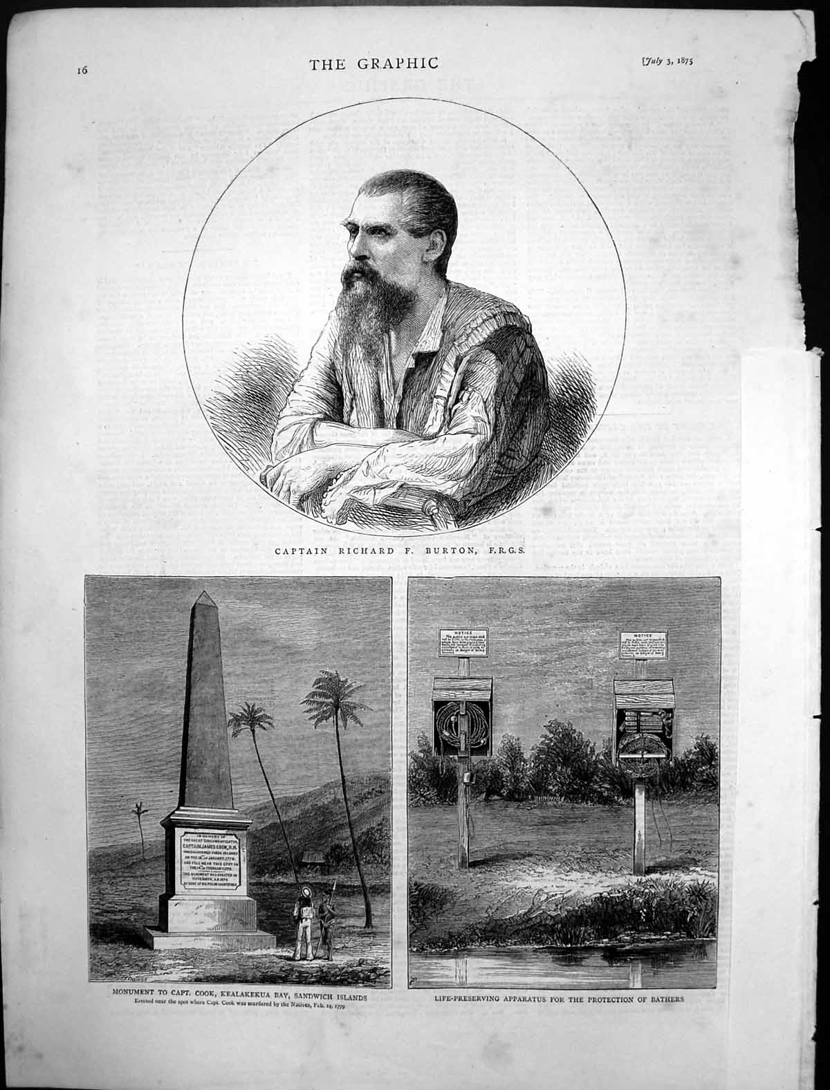 Antique Old Print Capt Richard Burton Monument Capt Cook Sandwich Islands1875