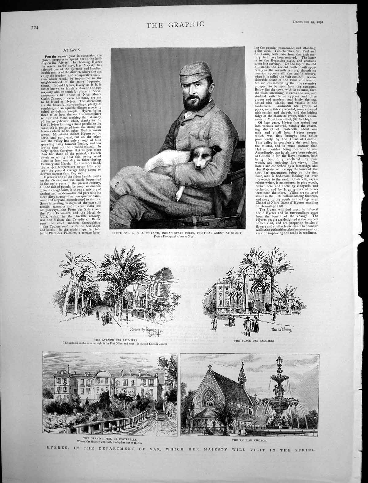 Old Print Lieut Col A Durand India Hyeres Var Grand Hotel Costebelle1891 19th