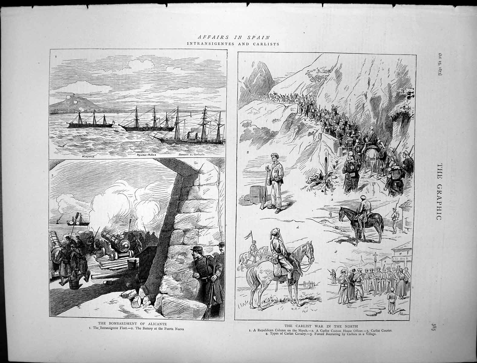Original Old Antique Print Bombardment Alicante Carlist War North Spain 1873