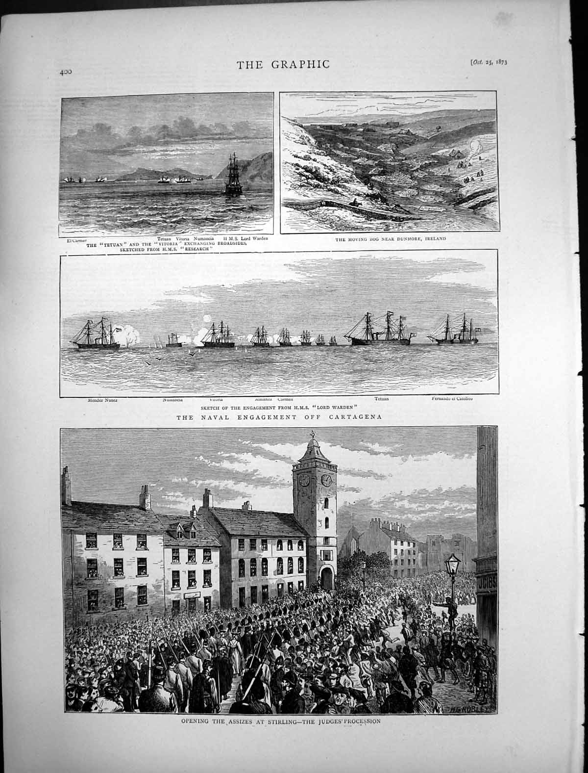 Antique Old Print Naval Engagement Cartagena Opening Assizes Stirling 1873 19th