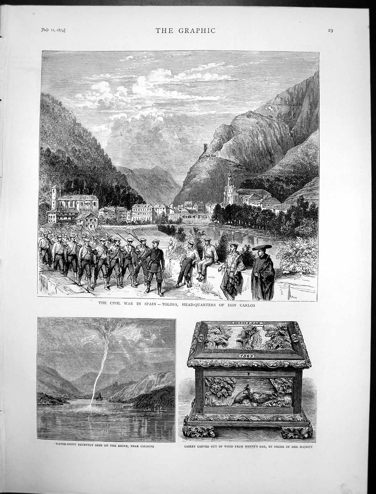 Original Old Antique Print Tolosa Headquarters Don Carlos Waterspout Rhine 1874