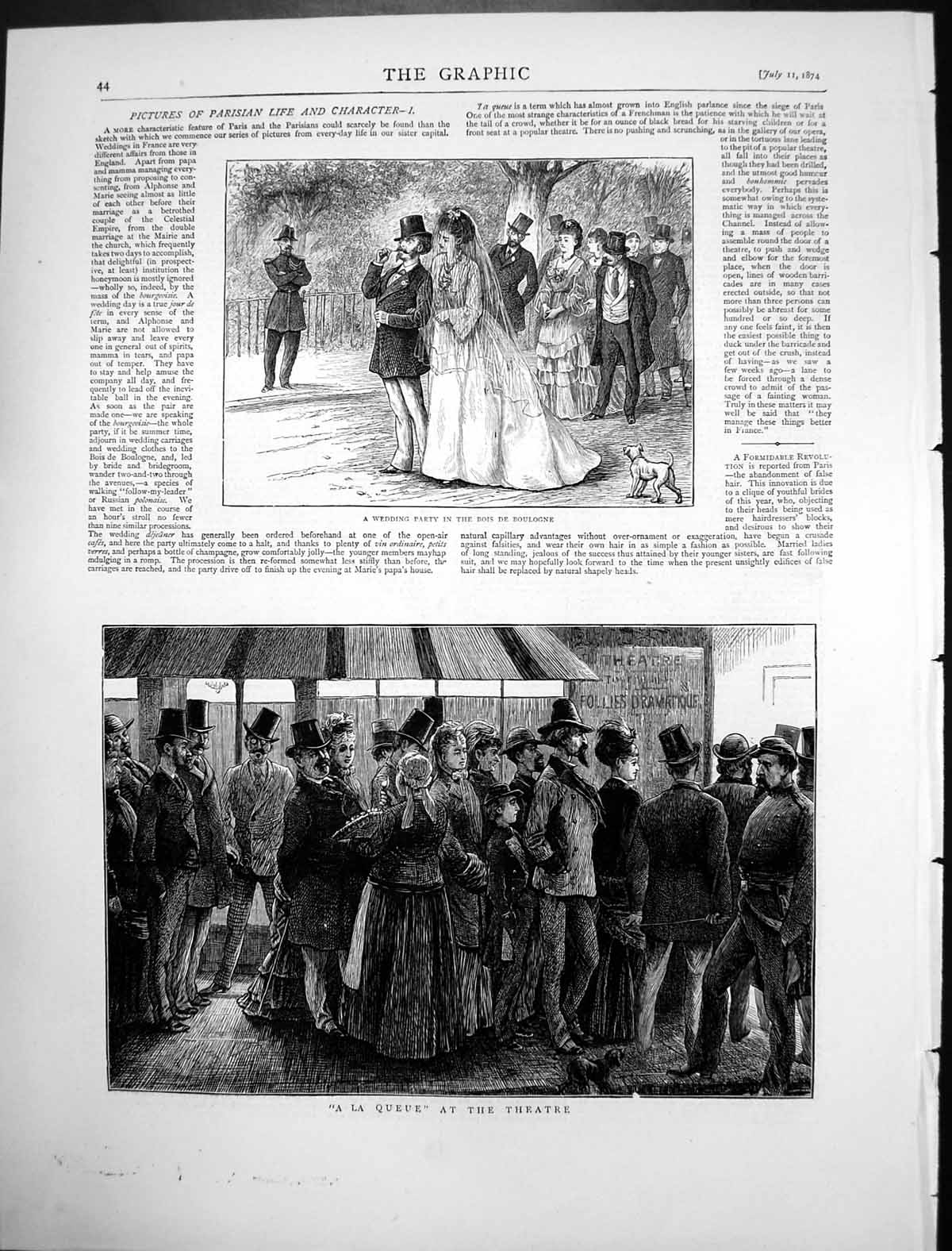 Old Antique Print A La Queue Theatre Wedding Party Bois De Boulogne 1874 19th
