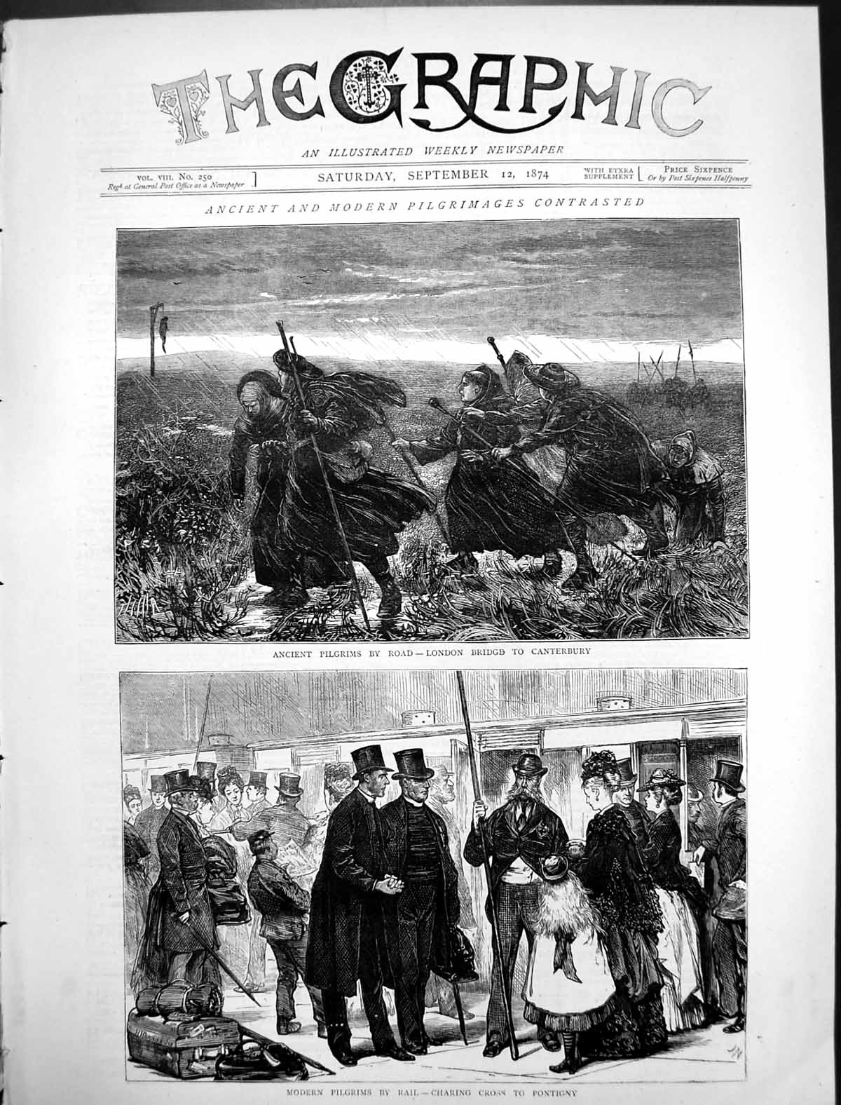 Antique Print Ancient Pilgrims Road Modern Pilgrims Rail Charing Cross 1874