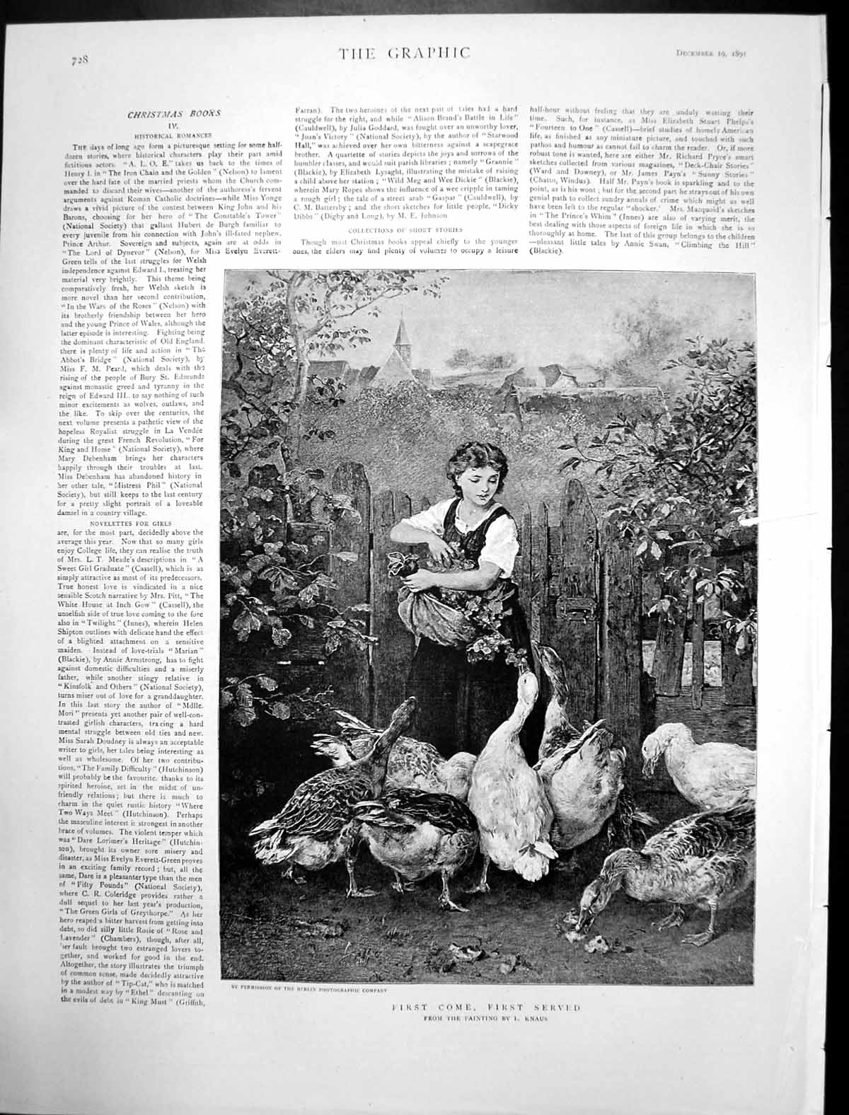 Old Antique Print First Come First Served L Knaus Girl Feeding Ducks 1891 19th