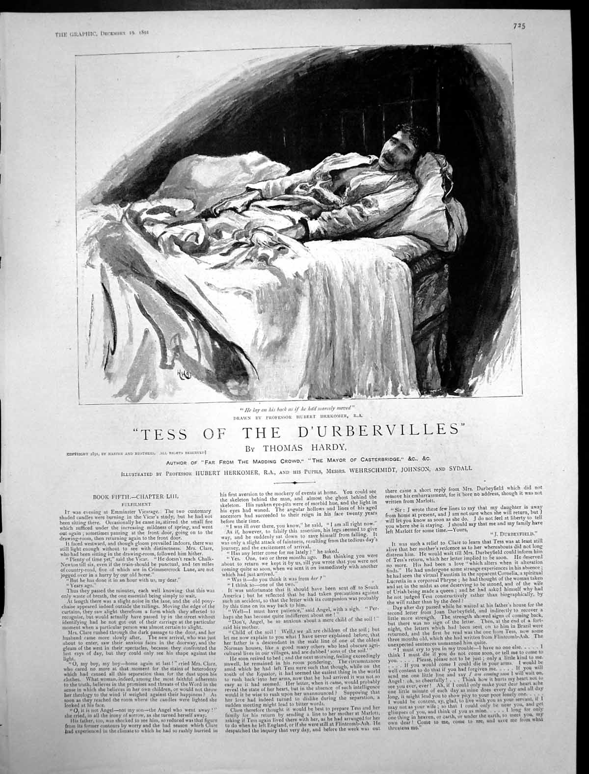 Original Old Antique Print Tess Durbervilles Thomas Hardy Man Lying On Bed 1891