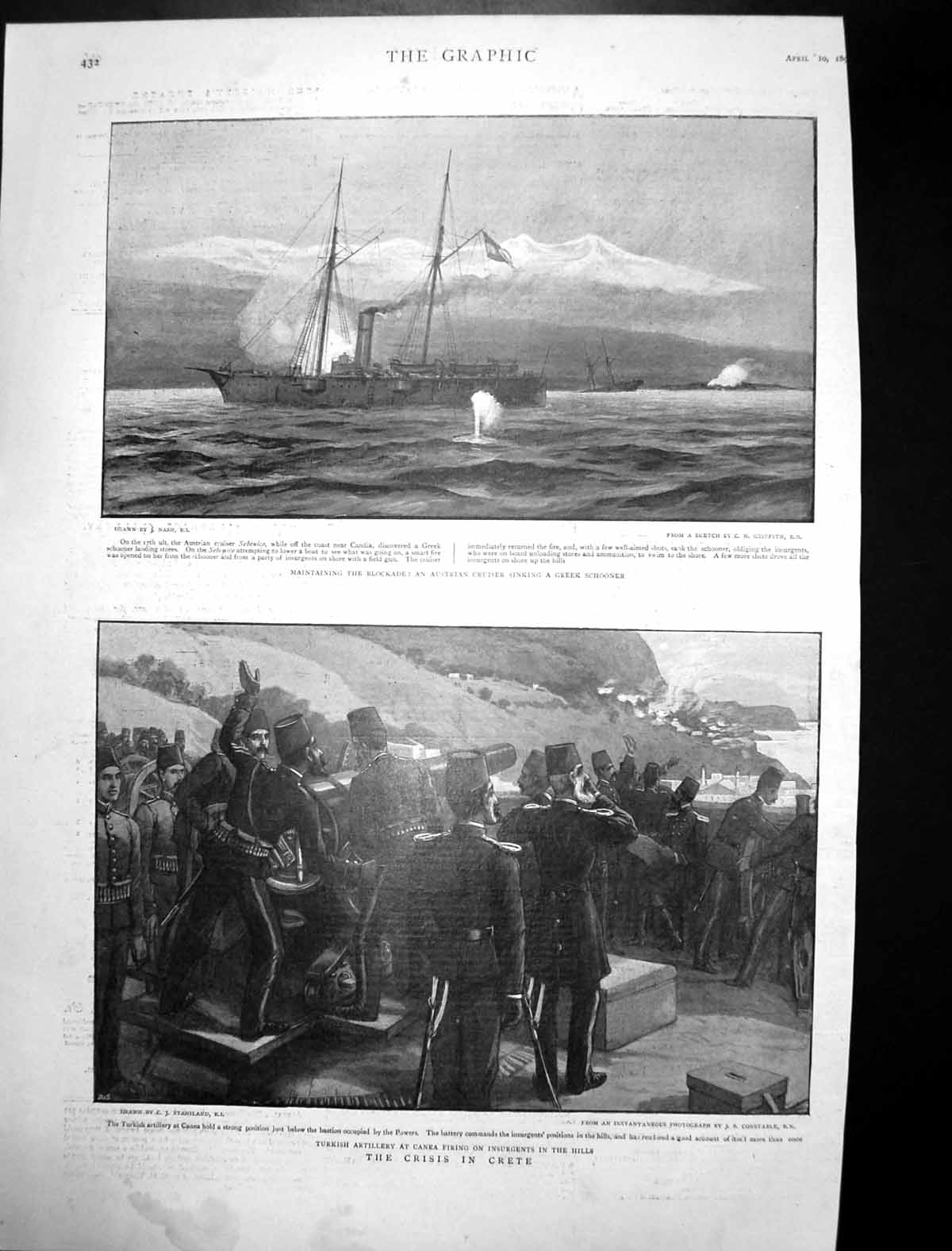 Old Print Austrian Cruiser Sinking Greek Schooner Turkish Artillery 1897 19th