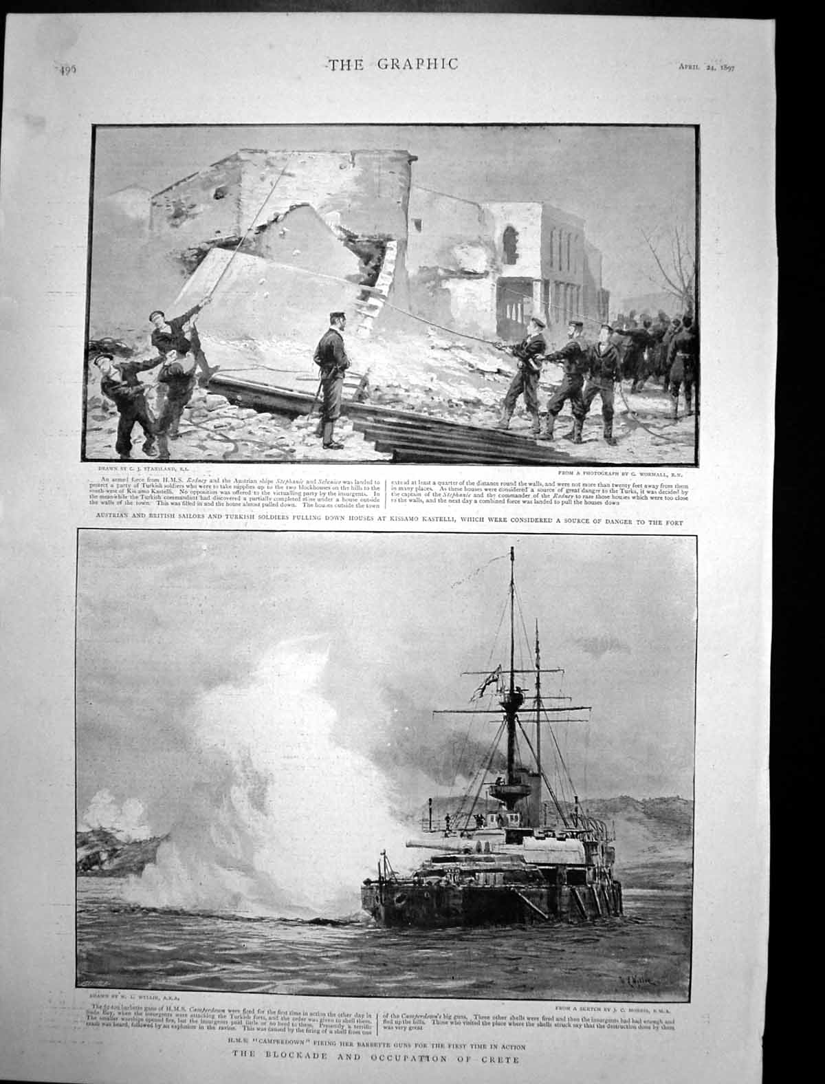 Old Antique Print Blockage Occupation Crete Hms Camperdown Kissamo 1897 19th
