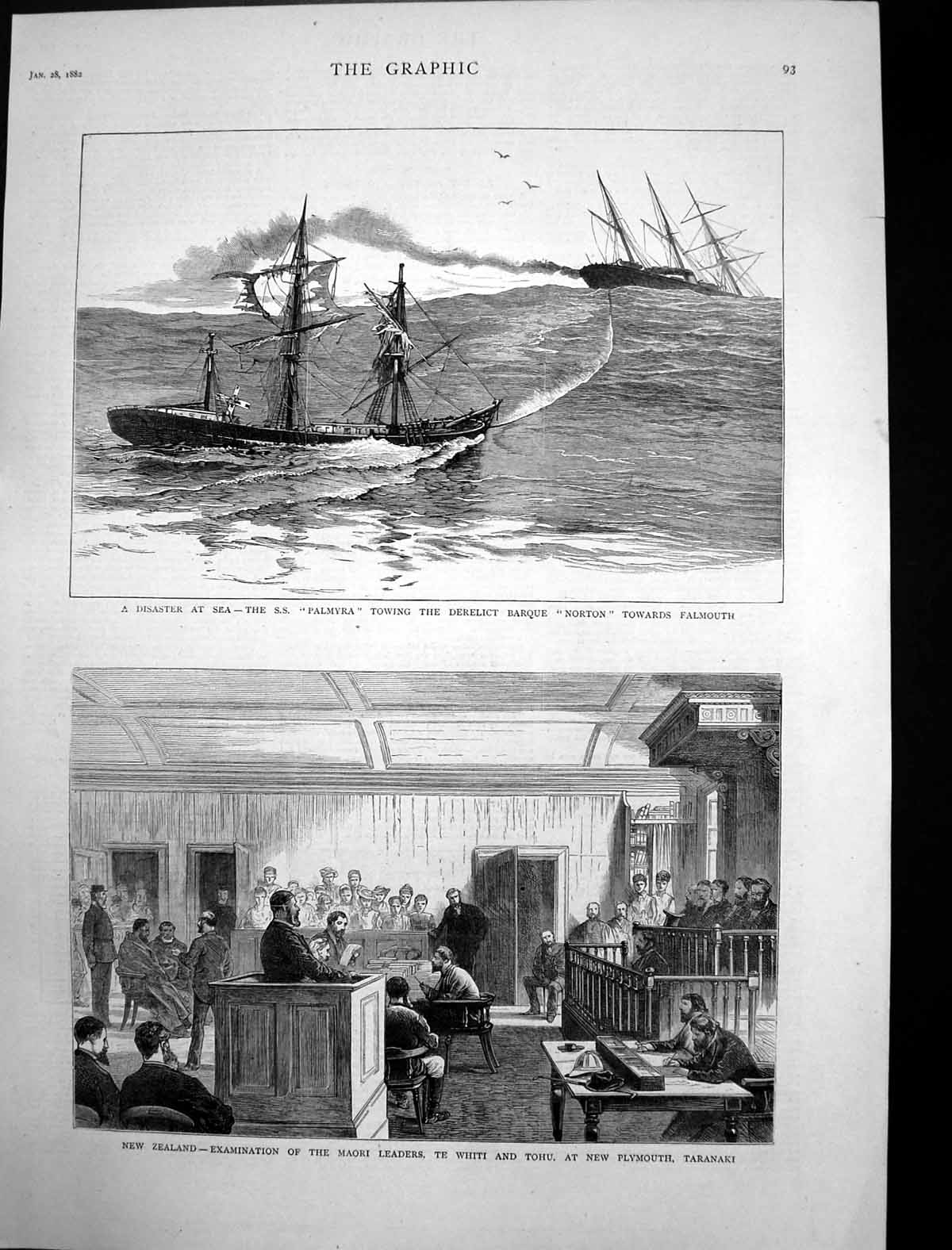 Antique Print Palmyra Towing Norton Falmouth Maori Leaders Whiti Tohu 1882 19th