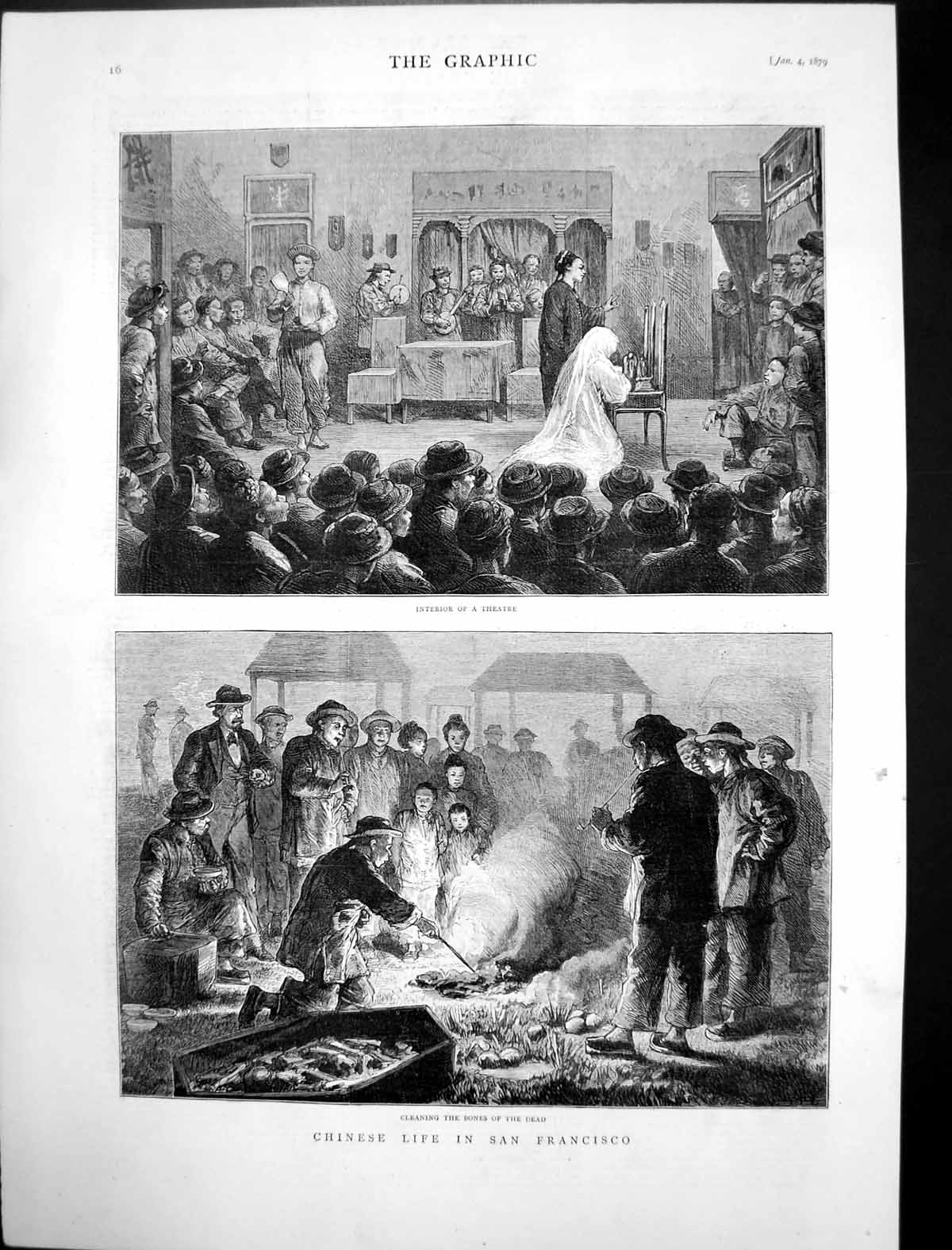 Old Print Chinese Life San Francisco Interior Theatre Cleaning Bones 1879 19th