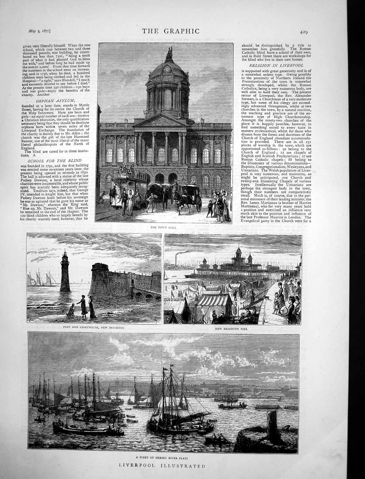 Antique Old Print Liverpool Mersey River Flats New Brighton Pier Fort 1877 19th