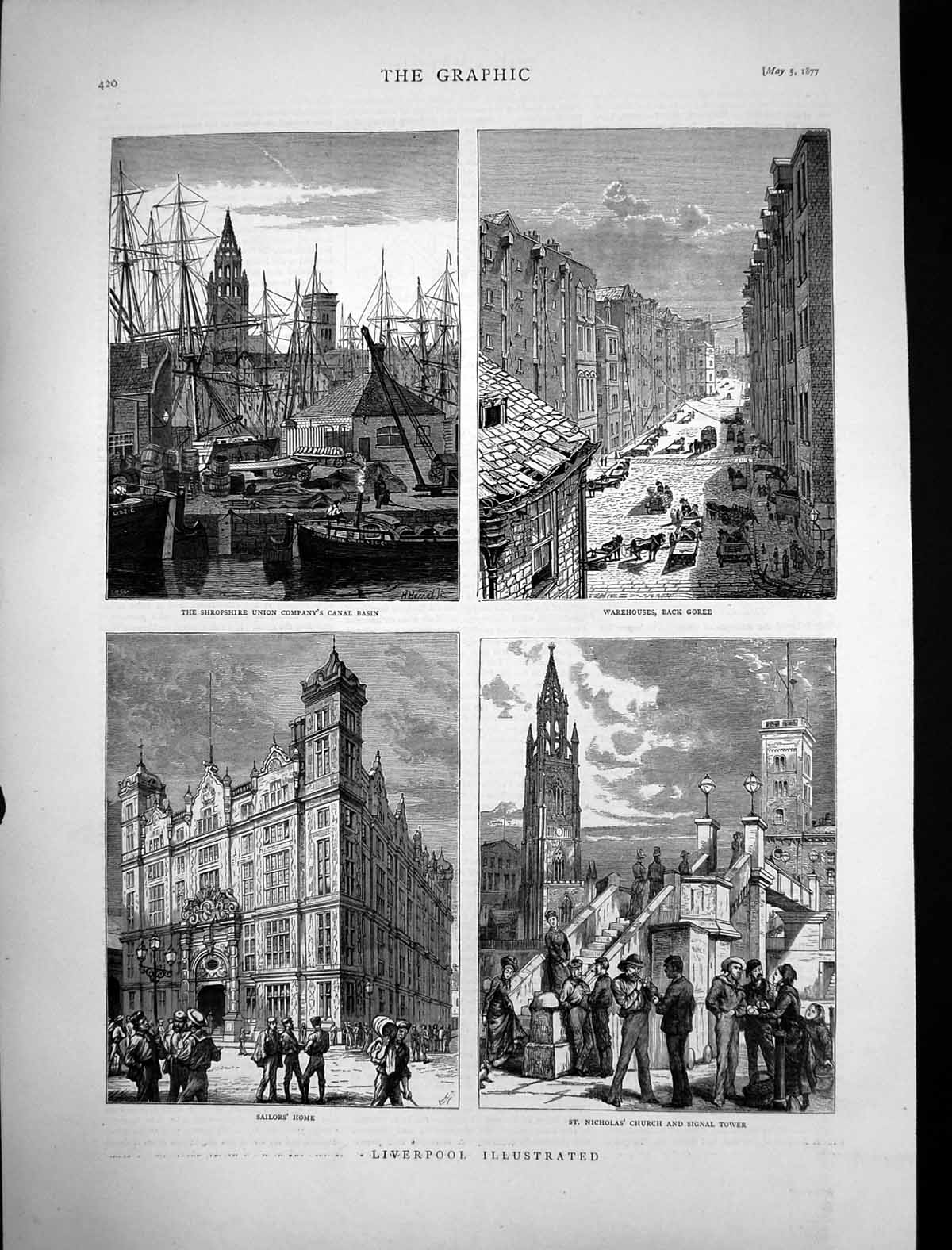 Antique Old Print Liverpool St Nicholas Church Signal Tower Sailors Home 1877