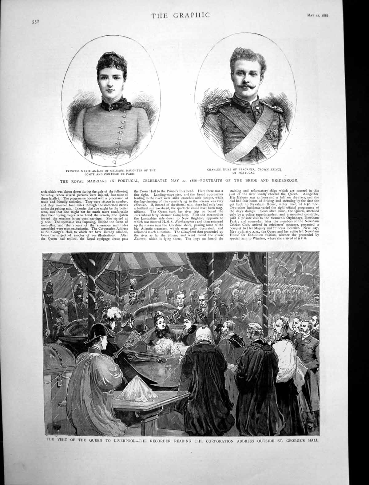 Original Old Antique Print Royal Marriage Portugal Queens Visit Liverpool 1886
