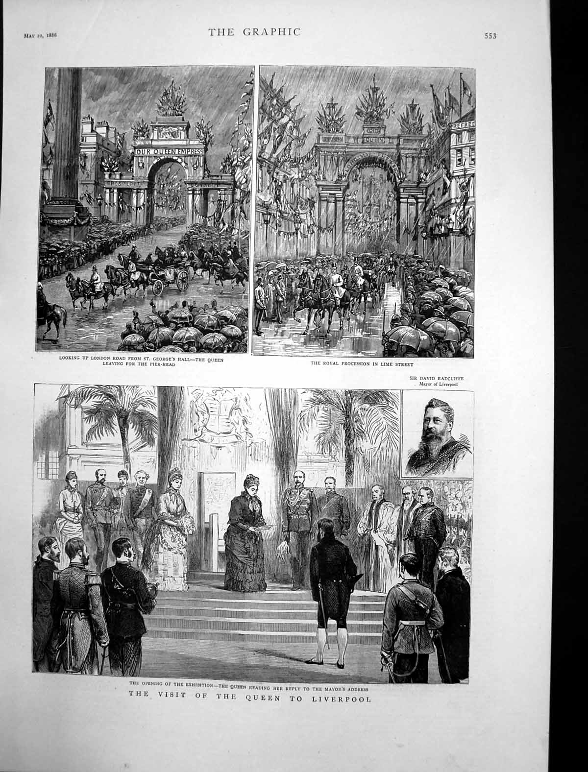 Old Print Queen Liverpool Opening Exhibition Procession Lime Street 1886 19th