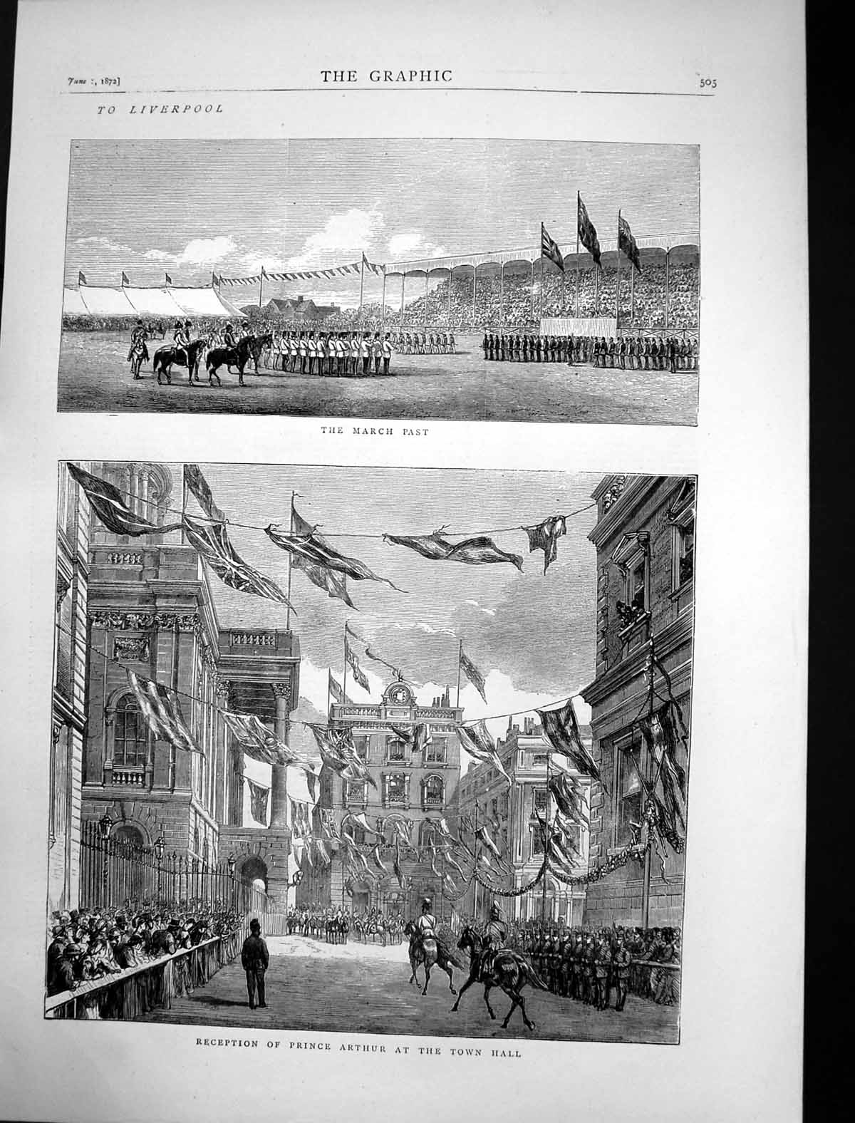 Antique Old Print Liverpool March Past Reception Prince Arthur Town Hall 1872