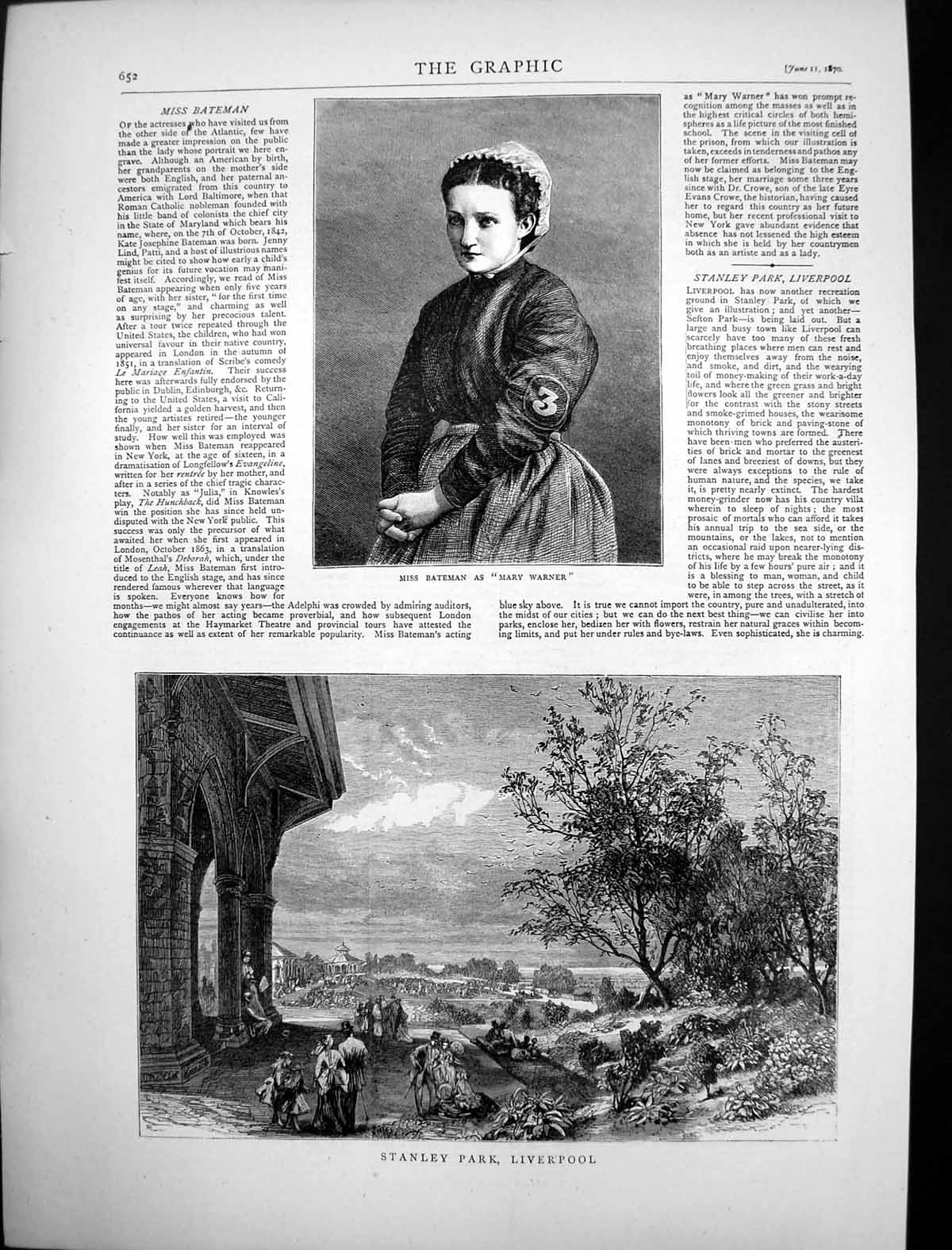 Old Antique Print Miss Bateman As Mary Warner Stanley Park Liverpool 1870 19th