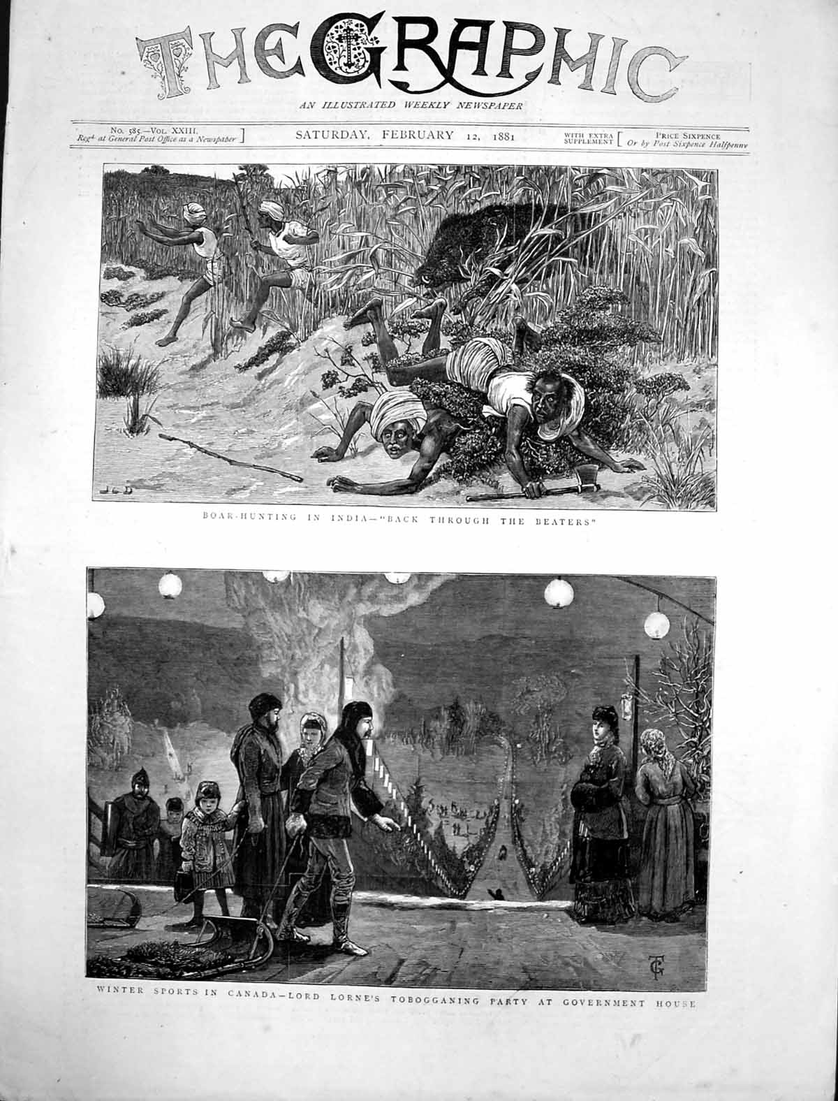Antique Old Print Boar Hunting India Lord Lorne Tobogganing Party Canada 1881