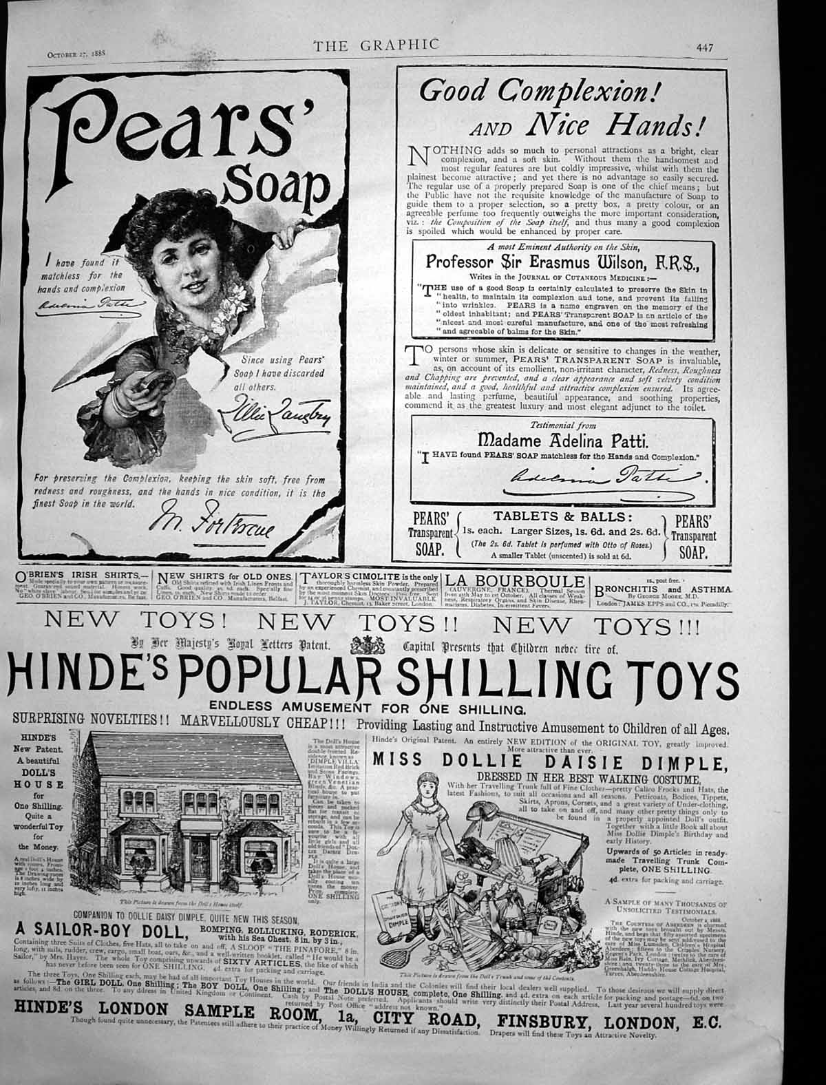 Original Old Antique Print Pears Soap Hindes Popular Shilling Toys Adverts 1888