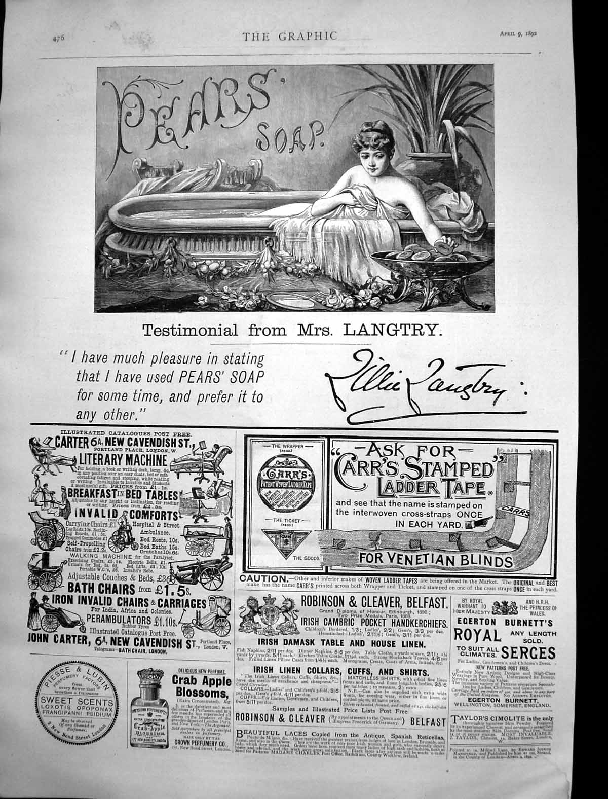 Antique Old Print Pears Soap Testimonial Mrs Langtry Carrs Ladder Tape 1892
